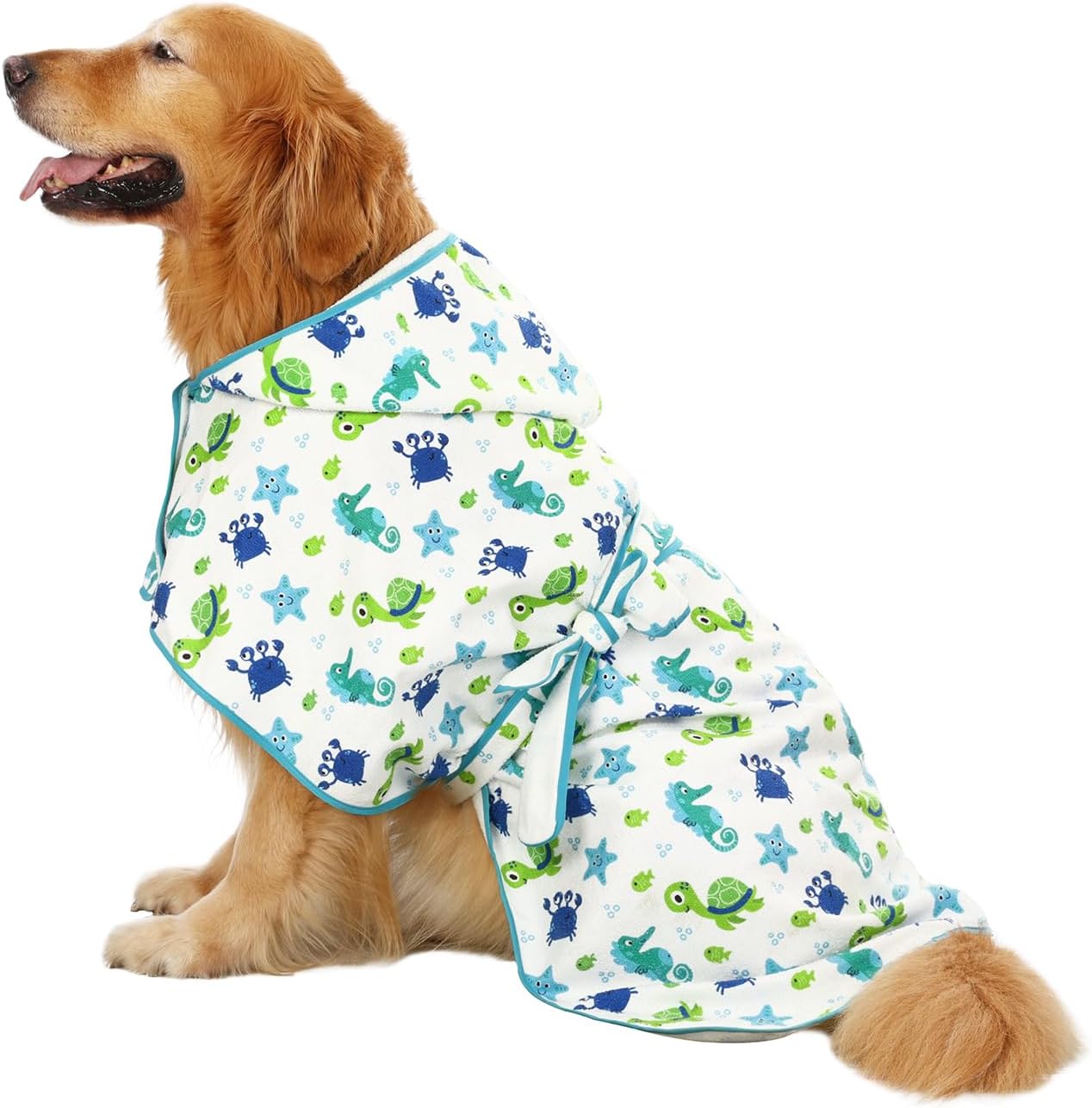 HDE Dog Bathrobe Super Absorbent Quick Drying Puppy Towel Wrap Coat Adjustable After Bath Robes with Hood for Dog Sizes S-XXL Sea Animals L