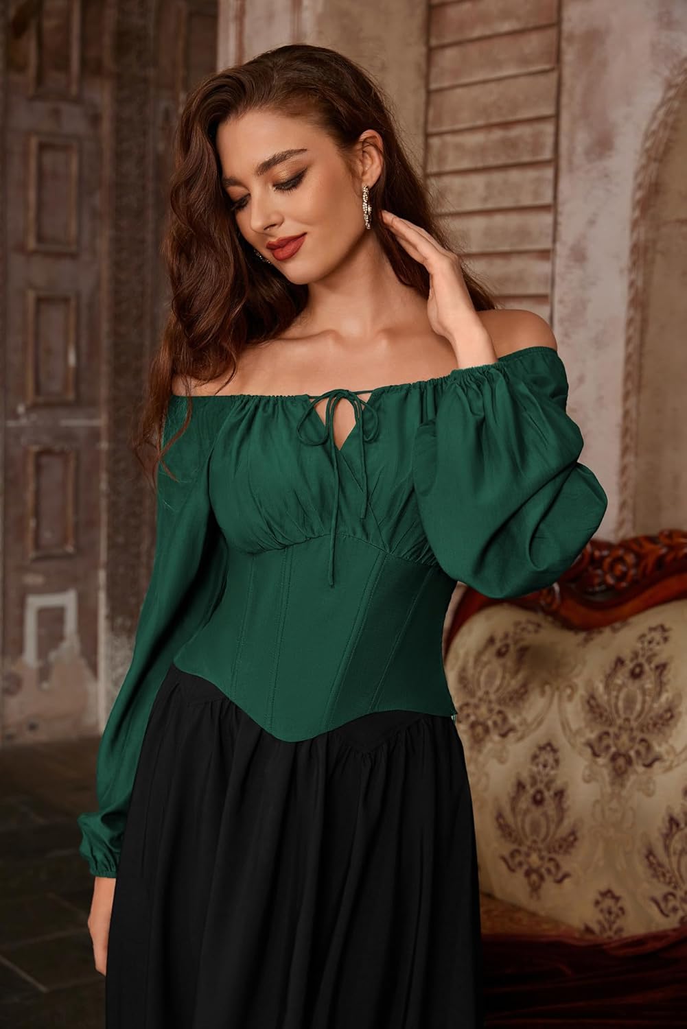SCARLET DARKNESS Corset Tops for Women Elastic Neckline Renaissance Shirt Peasant Blouse - Image 6