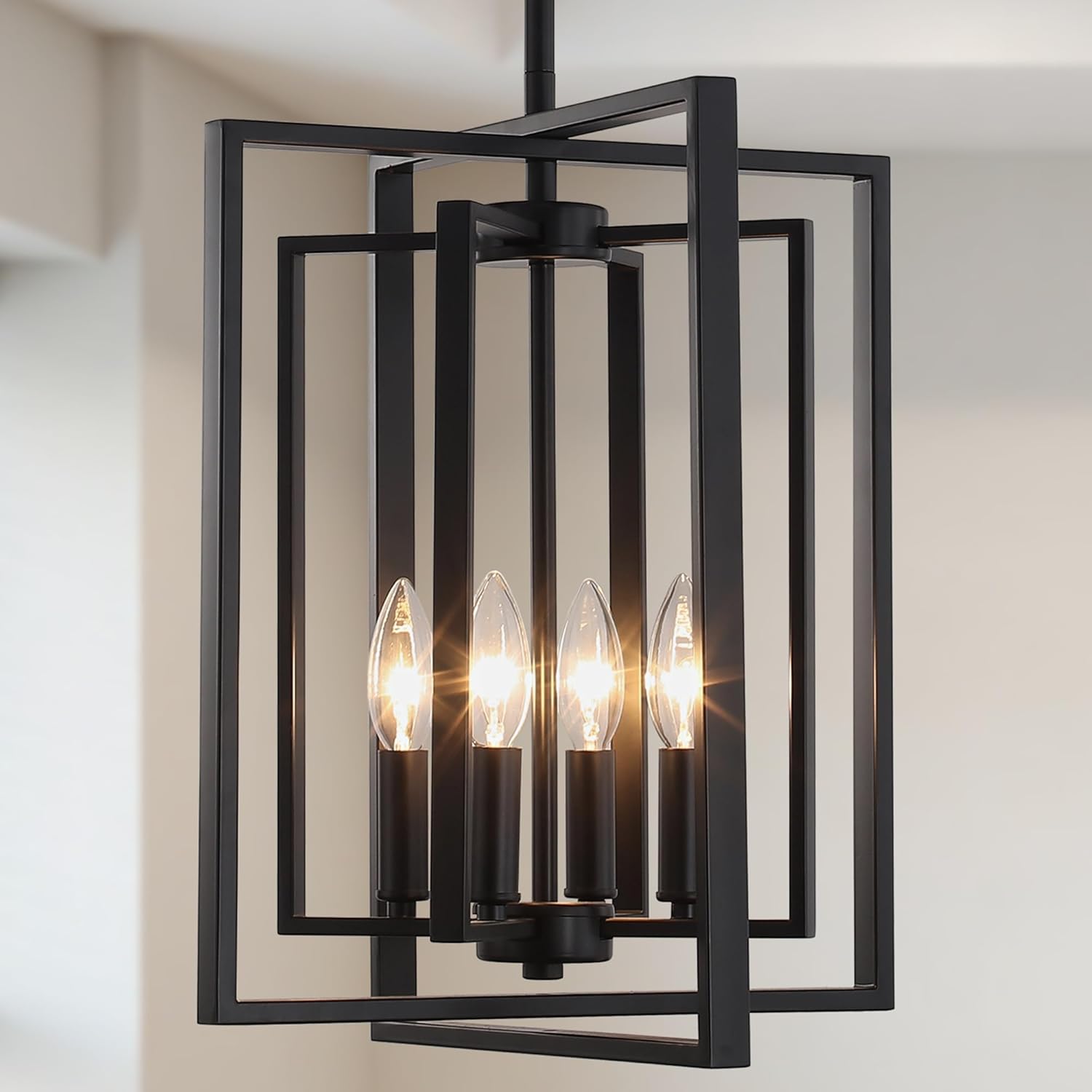 Modern Black Chandelier for Entryway, 4-Light Geometric Cage Pendant Hanging Light Fixture with Adjustable Height, Industrial Style Chandelier for Dining Room, Foyer, Hallway, Living Room, Stairwell