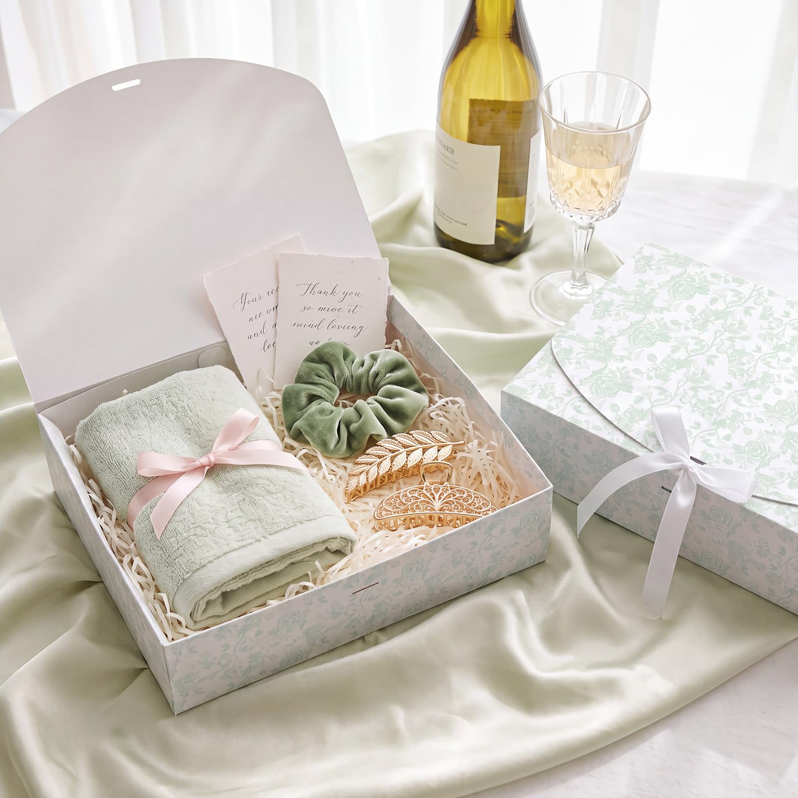 Kolldenn Confezione da 8 scatole regalo verdi floreali per proposte di damigella d'onore con coperchio a nastro, 20 x 26,9 x 8,1 cm, scatola di carta vuota per matrimoni, matrimoni, baby shower