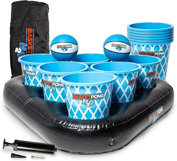 BasketPong H2O Inflatable Pool Pong Game with Buckets and Balls, Water Yard Game for Outdoor Fun, Lawn, Beach, or Backyard Includes 12 Buckets, 2 Balls, Floats, Bag, and Air Pump