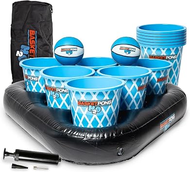 BasketPong H2O Inflatable Pool Pong Game with Buckets and Balls, Water Yard Game for Outdoor Fun, Lawn, Beach, or Backyard Includes 12 Buckets, 2 Balls, Floats, Bag, and Air Pump