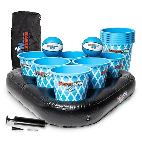 BasketPong H2O – Inflatable Pool Pong Game with Buckets and Balls, Water Yard Game for Outdoor Fun, Lawn, Beach, or Backyard – Includes 12 Buckets, 2 Balls, Floats, Bag, and Air Pump