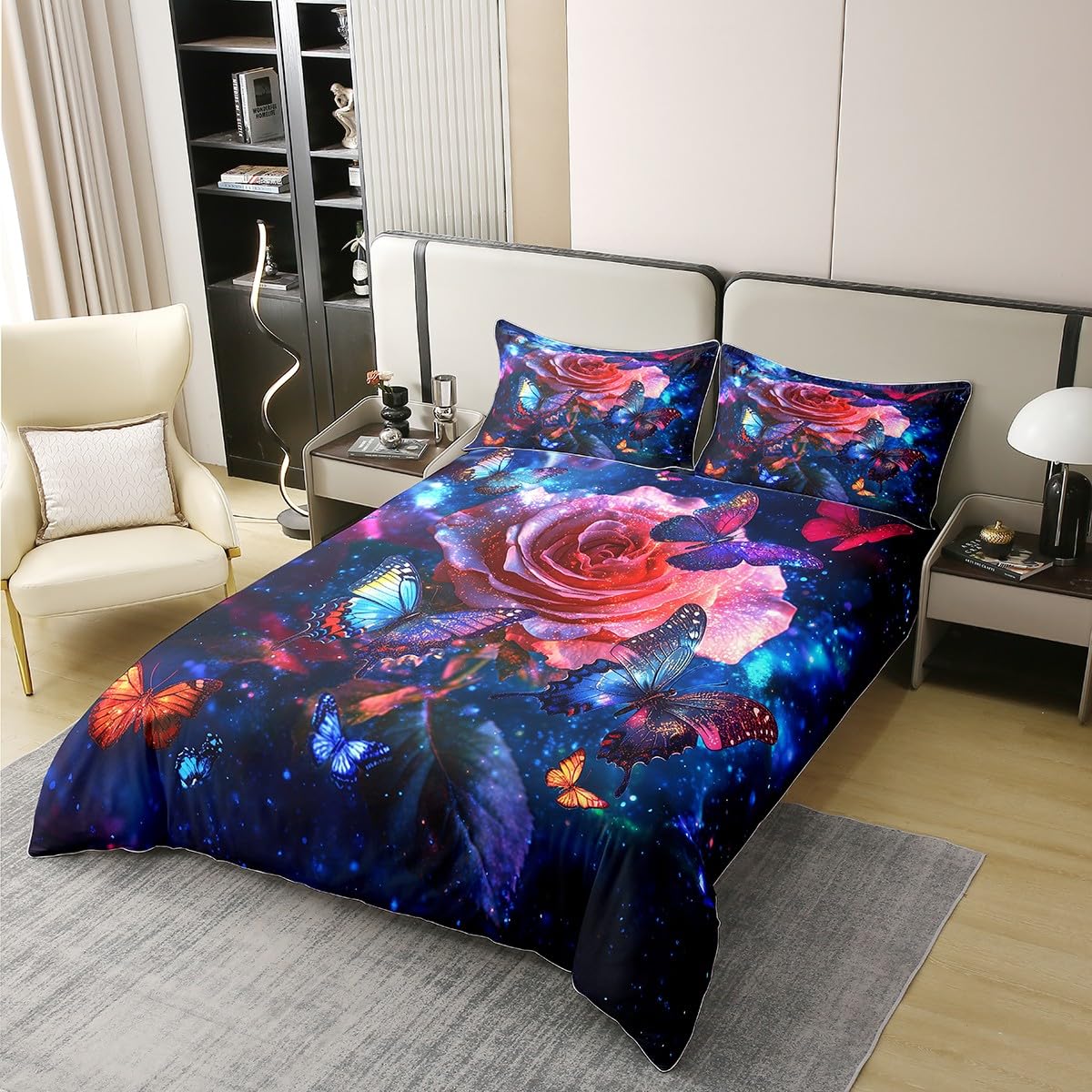 Dreamy Rose poszewka na kołdrę w 100% z bawełny, dla chłopców i dziewcząt, zestaw pościeli dla dzieci, obraz olejny galaktyka, gwiaździste niebo, kwiaty, poszewka na kołdrę z 2 poszewkami na poduszki,