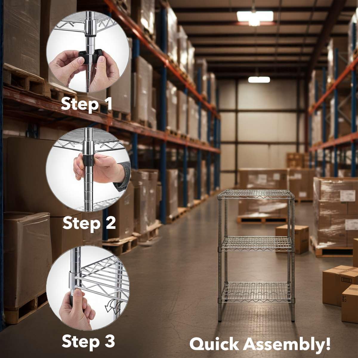24" x 24" NSF Chrome 3-Shelf Kit with 34" Posts - Commercial Storage Rack Unit - Heavy-Duty Adjustable Wire Shelving Unit for Restaurant, Retail, and Warehouse Storage - 1,800 lb Capacity