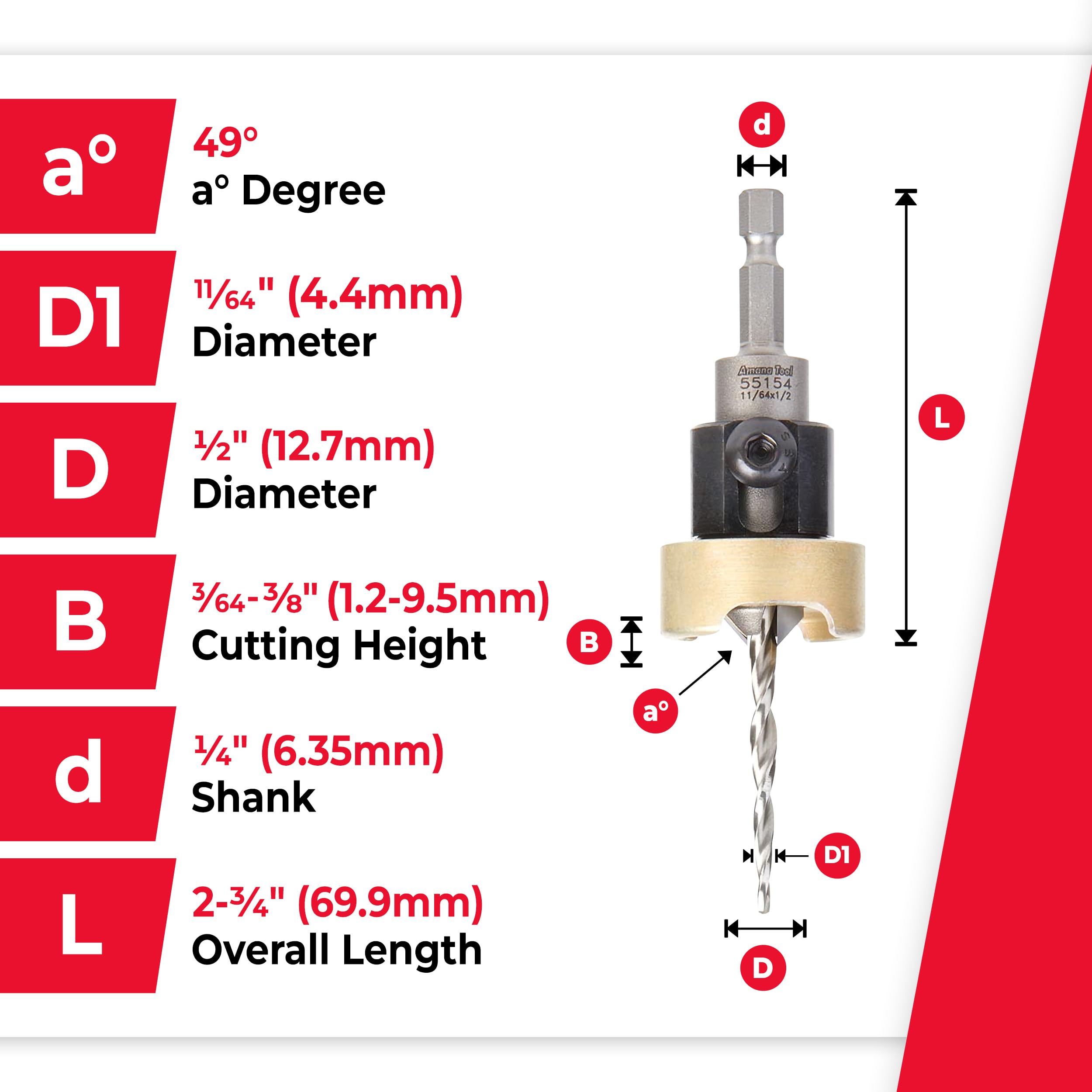 Amana Tool 55154 Carbide Tipped 82 Degree Countersink with Tapered Drill and Adjustable Depth Stop with No-Thrust BB, 1/2 D x 11/64 Drill D x 1/4 Inch Quick Release Hex SHK