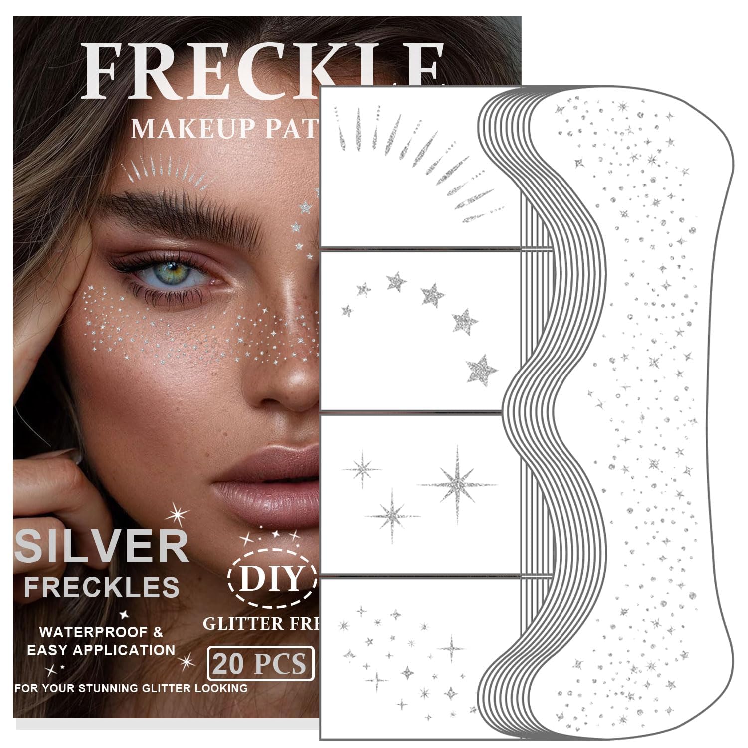 20 Pcs Glitter Freckles Face Tattoo, Silver Face Makeup Patches, Sparkle Makeup Patches