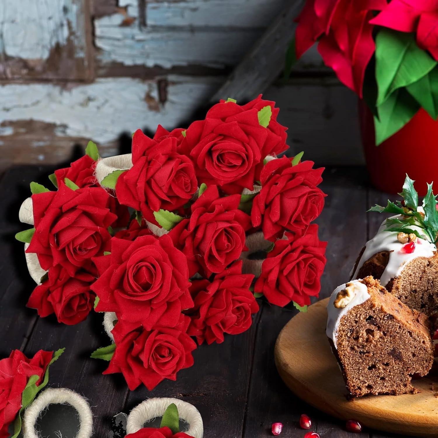 Set of 24 Red Napkin Rings Red Rose Napkin Rings Handicraft Flower Pink Flower Napkin Holder Wedding Napkin Holder Table Decoration for Mother Day Party