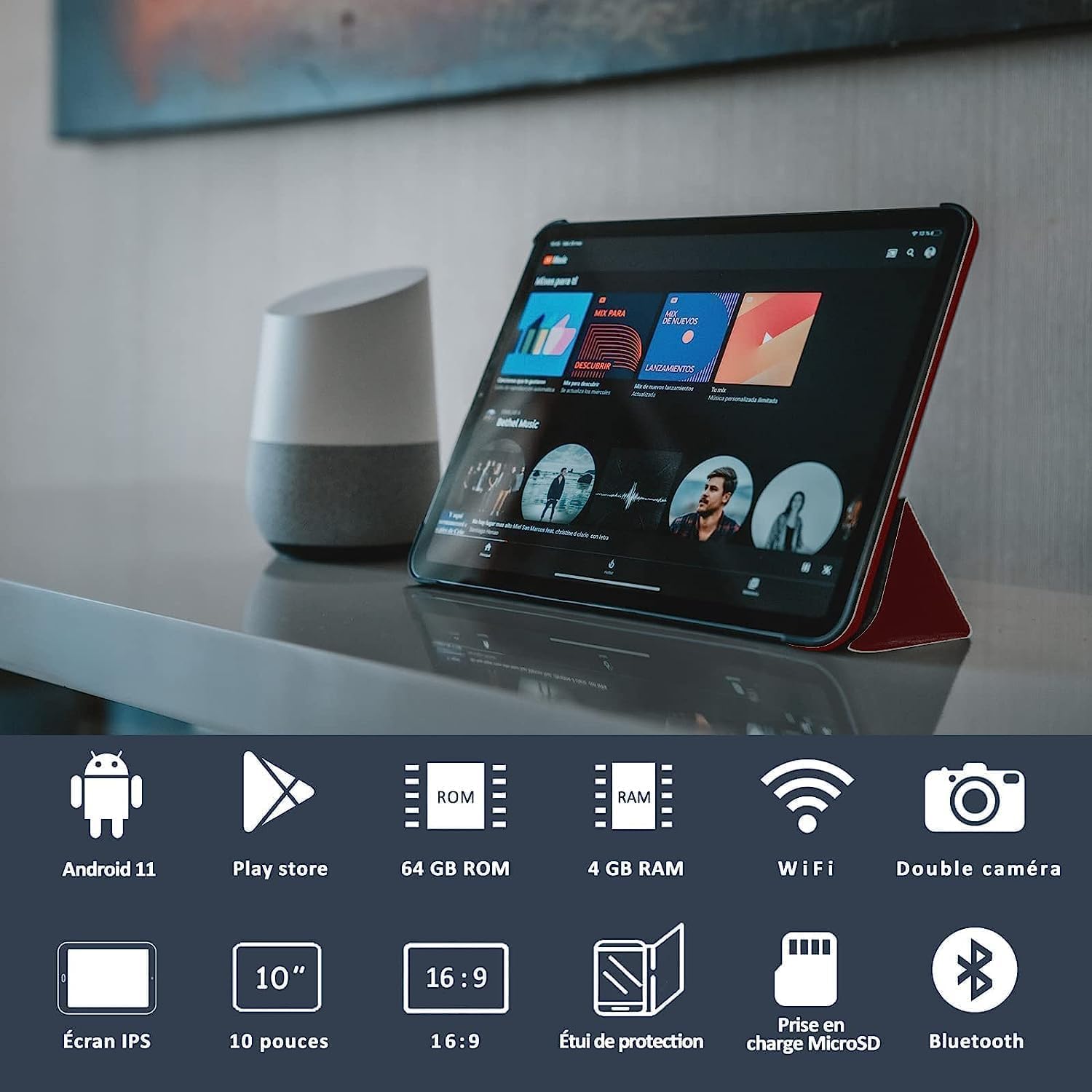 GOODTEL Tablet 10 pollici 4GB RAM + 64GB ROM, Android, WiFi 2.4G, Bluetooth, OTG, batteria 8000mAh, doppia fotocamera 5MP + 8MP, slot SD 4-256GB, con custodia, Rosso