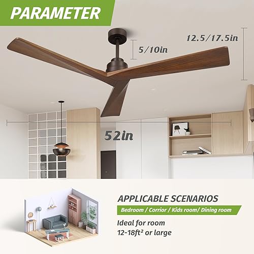 Miniatura 6 de Ventilador de techo de madera de 52 pulgadas sin luz, ventilador de techo para exteriores de 6 velocidades con control remoto, 3 aspas, ventilador