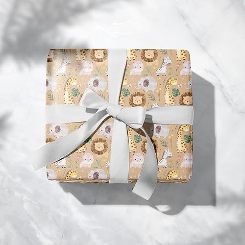 Miniatura 2 de RUSPEPA Papel de regalo de animales de la selva, mini rollo, 17 pulgadas x 32.8 pies, papel de regalo kraft con diseño de león, jirafa y elefante,