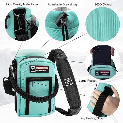 Vista 56 de NATURE PIONEOR Soporte para botella de agua con correa ajustable – 25/32/40 onzas, funda aislante para botella de agua con mango de paracaídas y 2