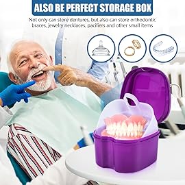 KISEER 2 Pack Denture Bath Case Cup Box Holder Storage Container with Denture Cleaner Brush Strainer Basket for Travel Cleaning (White and Purple)