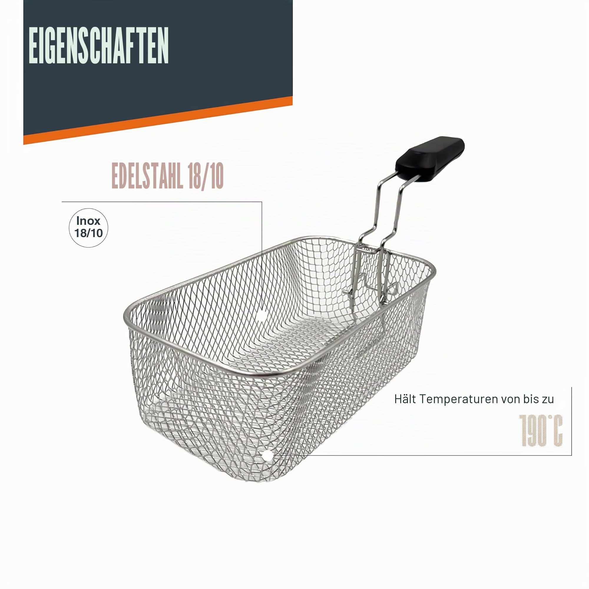Lacor - R69135A - Ergo Frittierkorb, Edelstahl 18/10, 23,5 x 14 x 8,5 cm, Professioneller Einsatz, Haltbarkeit und Widerstandsfähigkeit