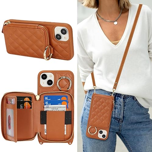 Miniatura 35 de Funda tipo cartera con bandolera para iPhone 15 Pro Max, funda de piel sintética con cierre de cremallera, funda tipo atril con ranuras para Oro