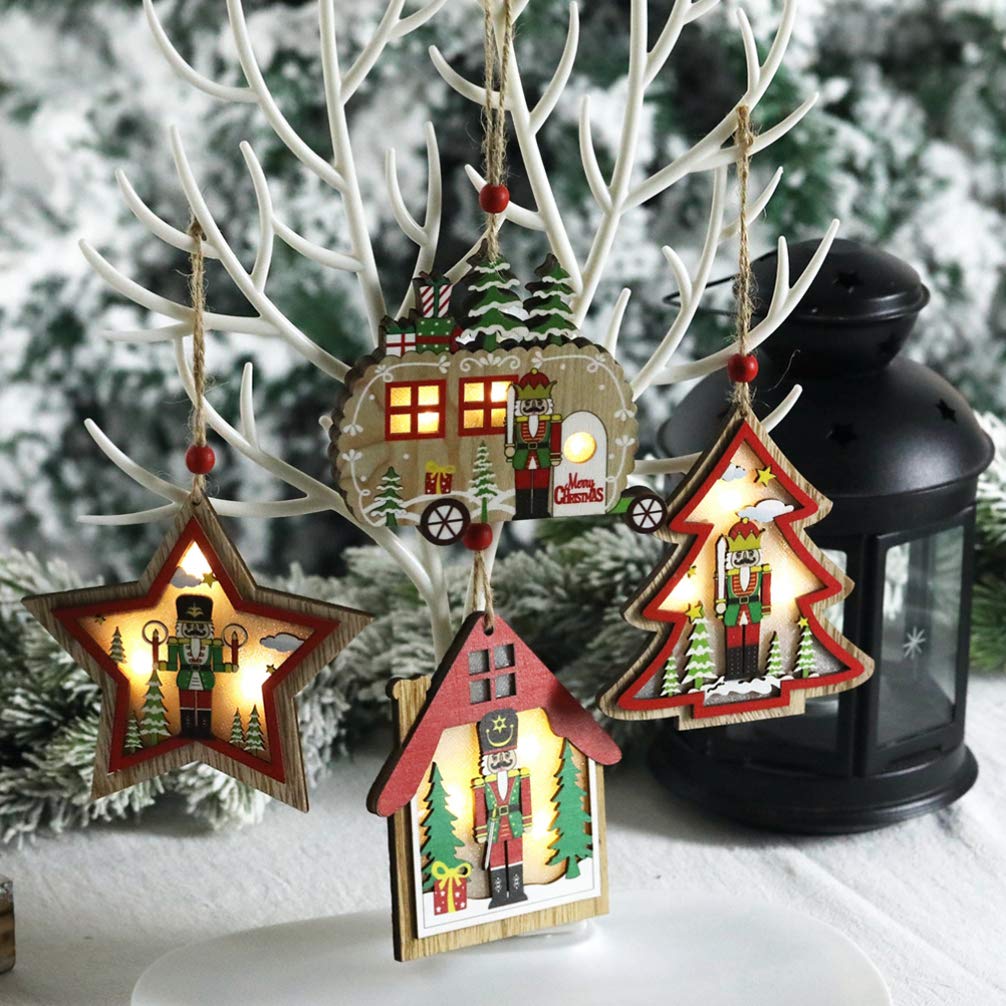 2 Pezzi Albero di Natale in Legno Ornamenti appesi a Forma di Stella per Auto schiaccianoci abbellimento Albero Topper c