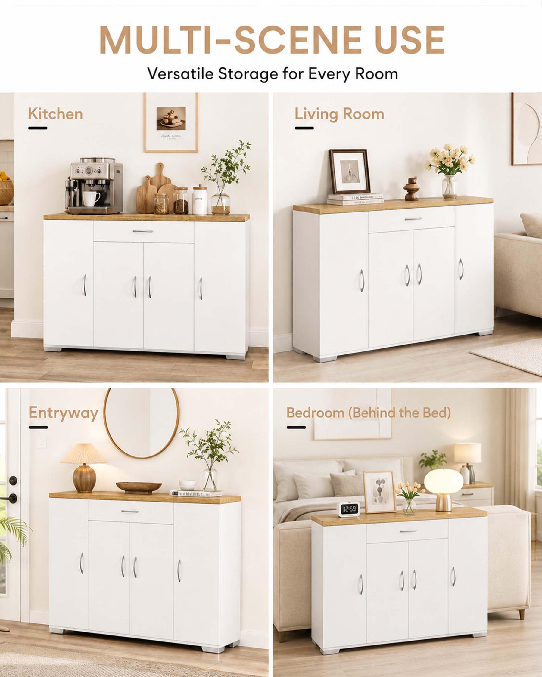 Credenza Cucina Bianca con Piano di Lavoro 110 x 30 x 70 cm Mobile Cucina Salvaspazio con Cassetto e 4 Ante Dispensa Cucina Madia Soggiorno Sala da Pranzo Moderna