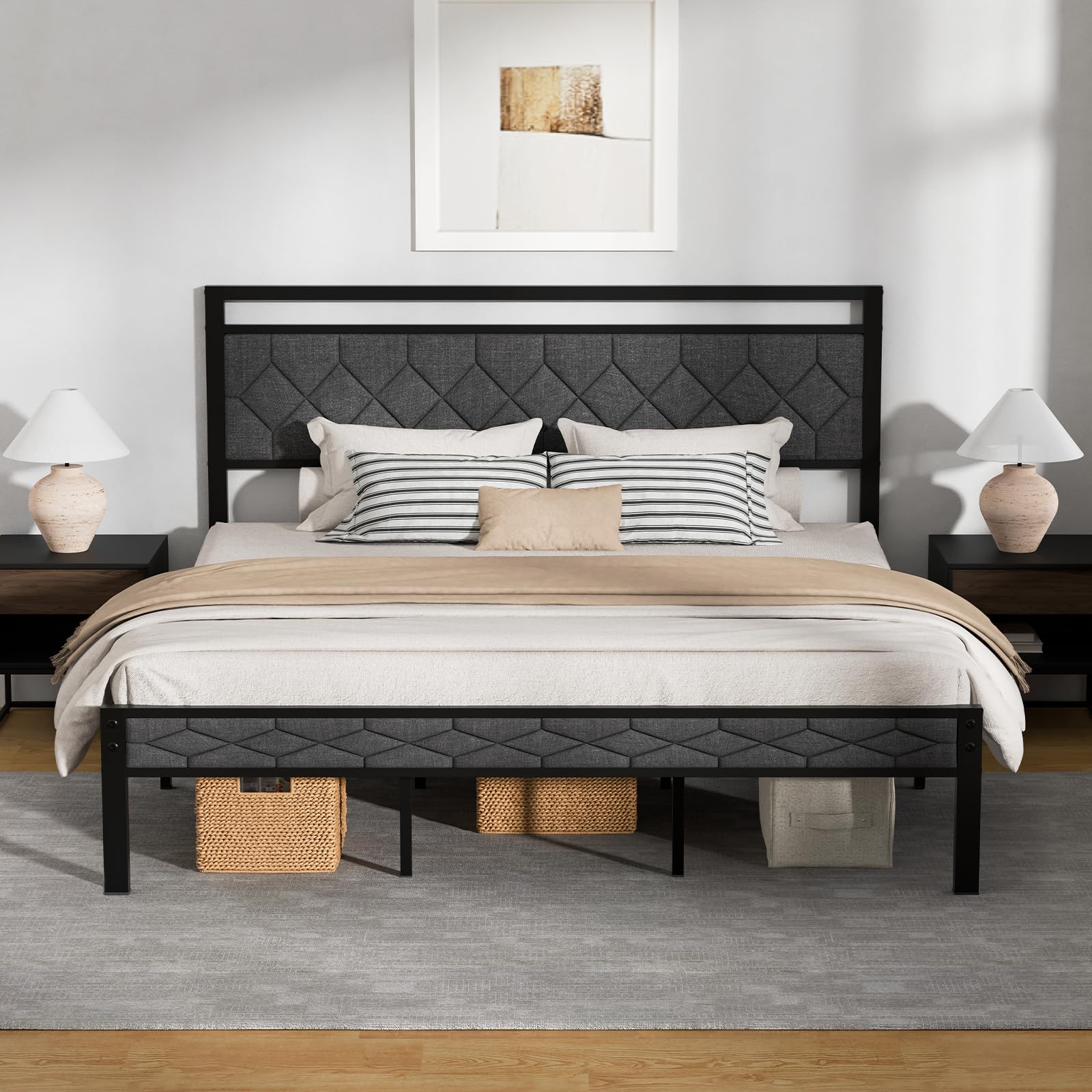 Z-hom King Size Bed Frame King Bed Frame with Upholstered Headboard Metal Platform Beds Solid and Stable Grey