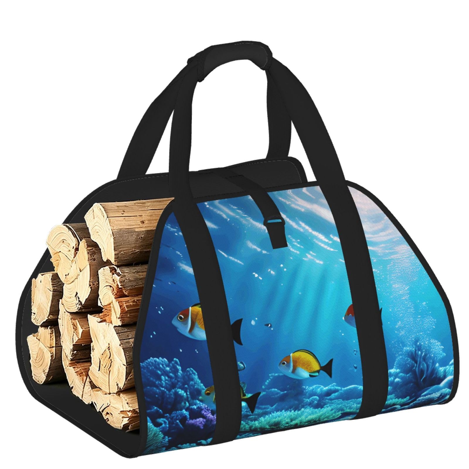 Tranquil Underwater Scenery Printed Firewood Carrier Bag, Log Tote with Open-Ended Design for Camping Outdoor Wood Hauling