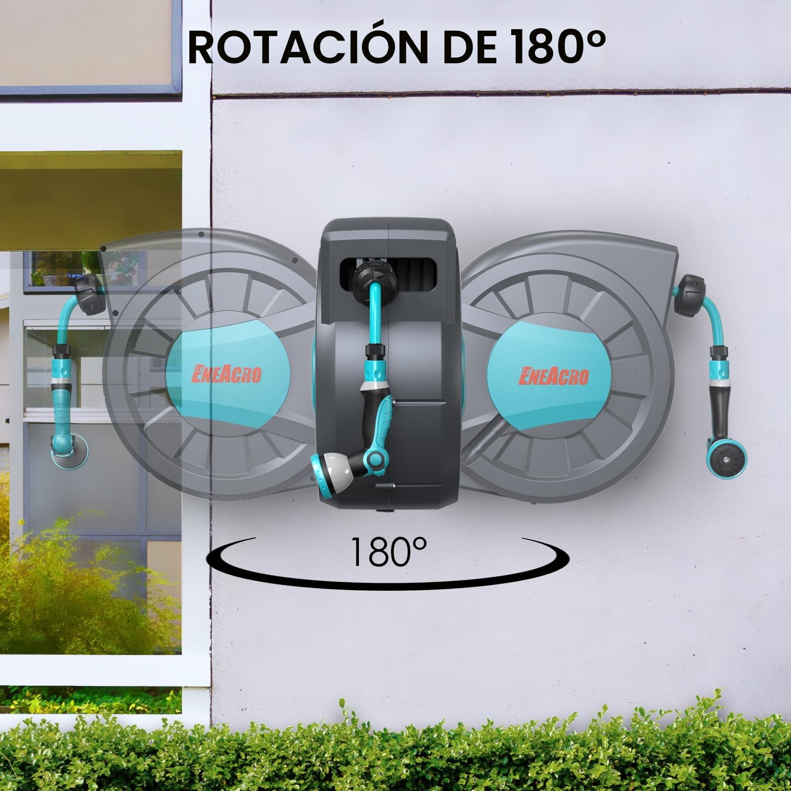 ENEACRO Enrollador Manguera Jardin de 35+2 m | Cartucho de manguera de pared con pistola pulverizadora de 10 funciones y función de enrollado automático, Garden Hose Reel