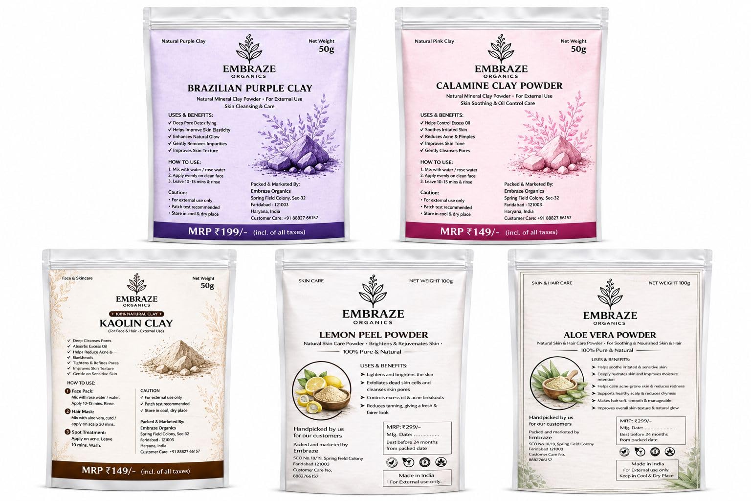 Natural Skin Care Combo | Brazilian Purple, Calamine, Kaolin, Lemon Peel & Aloe Vera | Face & Hair Care | 100% Pure & Natural Herbal Blend (50g x 5 | 250g Total)-image-18