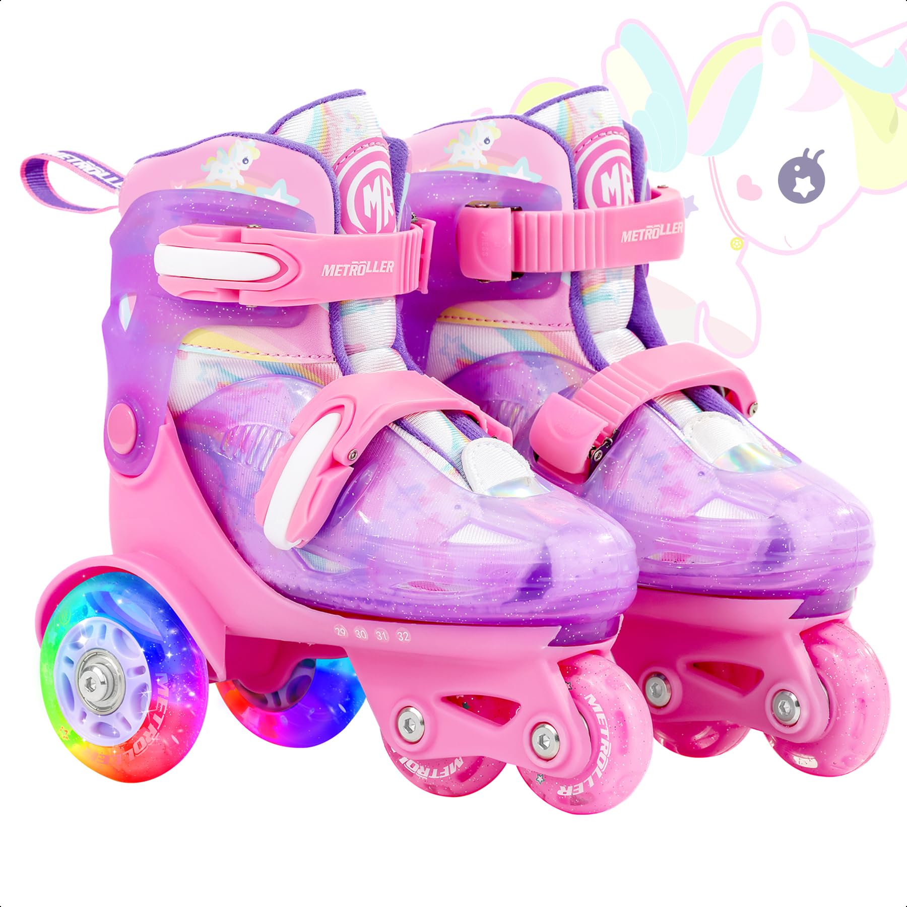 METROLLER Adjustable Kids Balance Roller Skates for Toddler Ages 3-6 Rainbow Unicorn Dinosaurs Illuminating Rollerskates for Girls Boys Ages 5-8