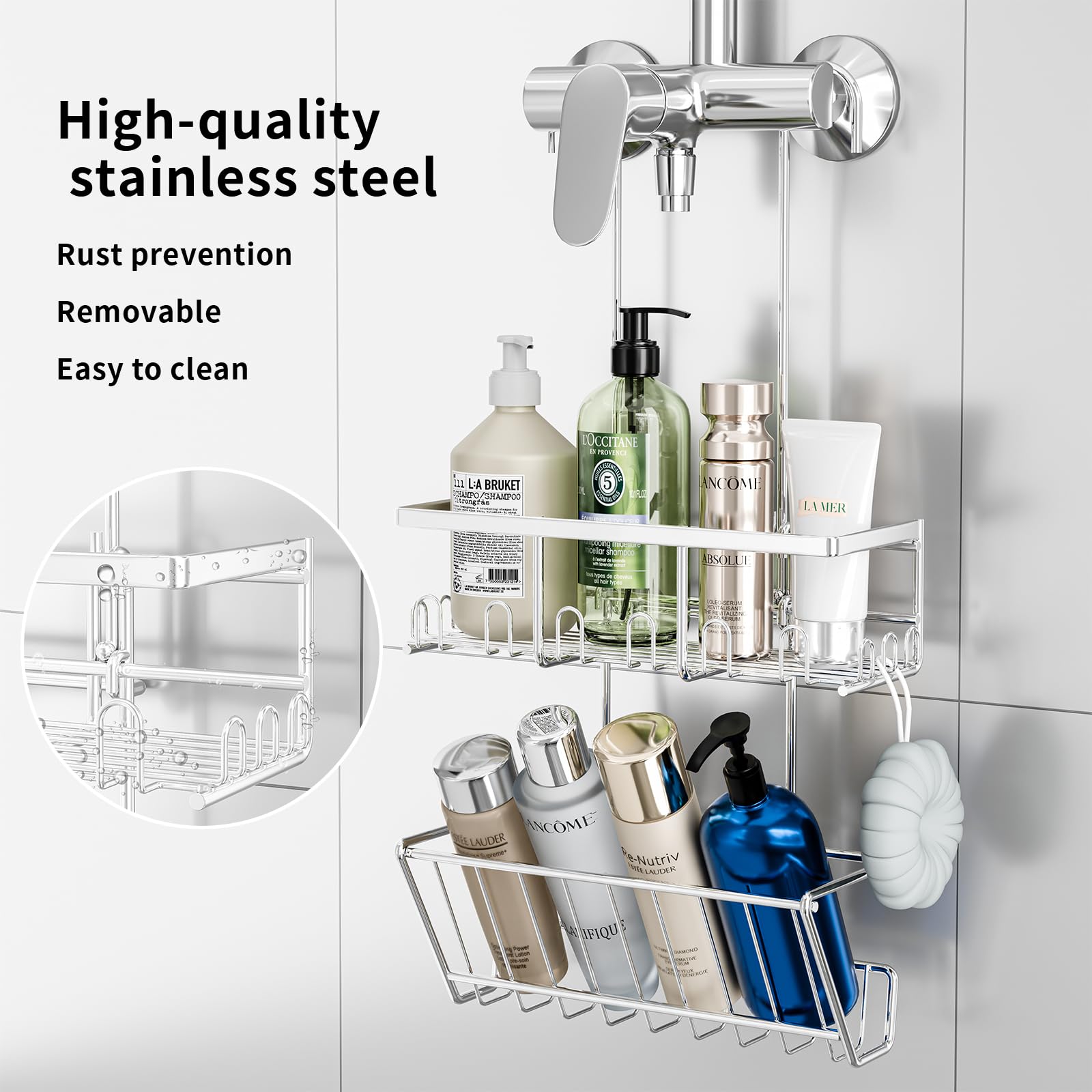HouseUp Shower Caddy - Hanging Shelf No Drilling 2-Tier, Bathroom Storage Basket, Shampoo Holder, Tidy Organizer, Rustproof, Silver - Image 3