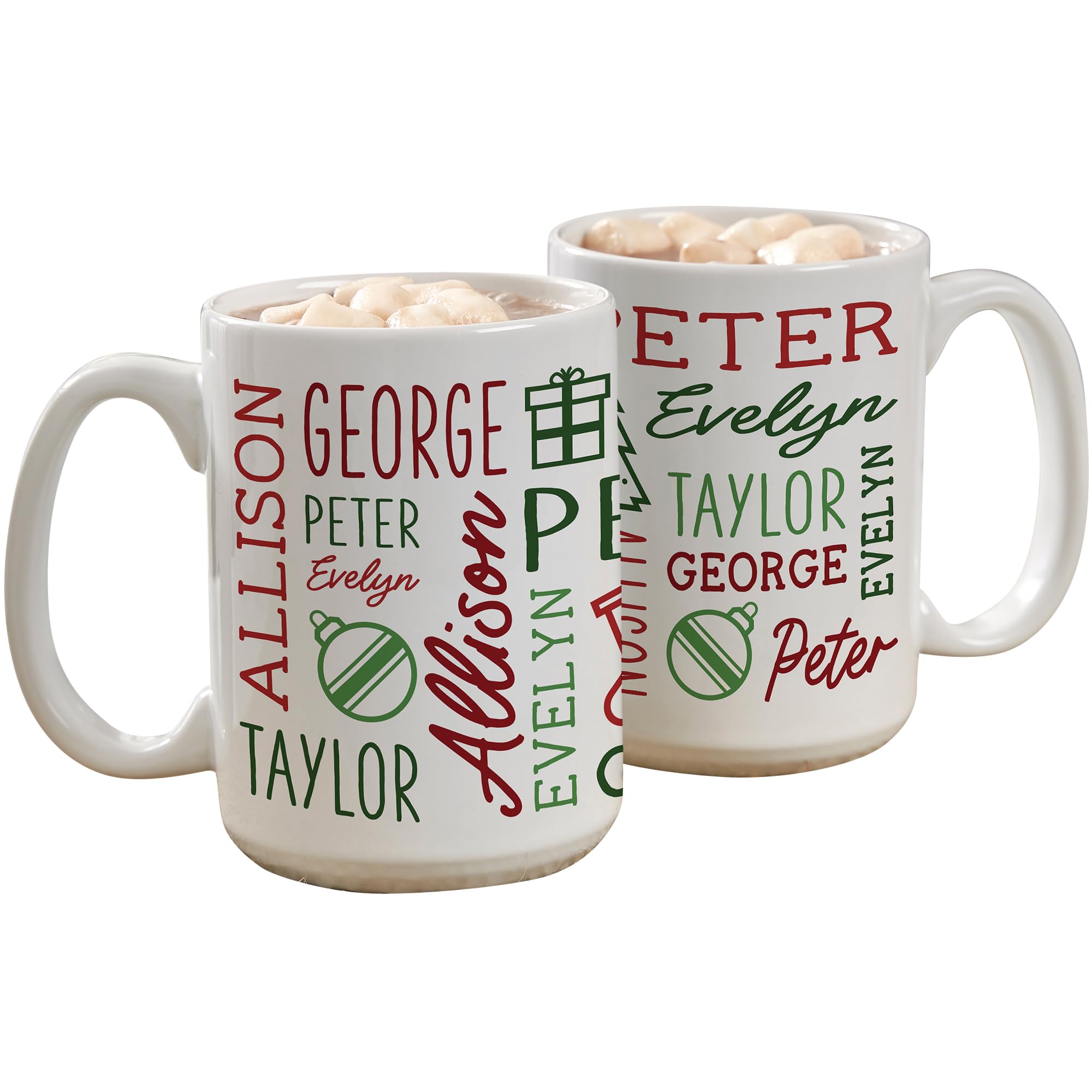 Personalization Universe Holiday Repeating Name Ceramic Personalized Coffee Mug, Customizable with 19 Names, Perfect Christmas Coffee Cup, Ideal for Hot Beverages, Dishwasher Safe - 15 Oz. White