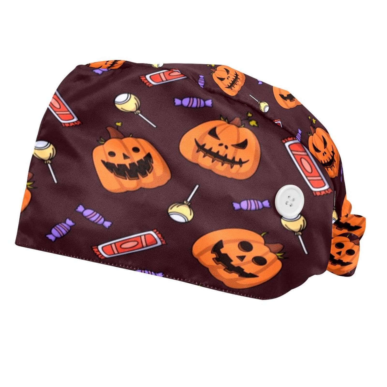 Halloween Grey Pumpkin 2 Pcs Unisex Scrub Caps Women with Button Adjustable Hats Surgical Bouffant Caps for Women