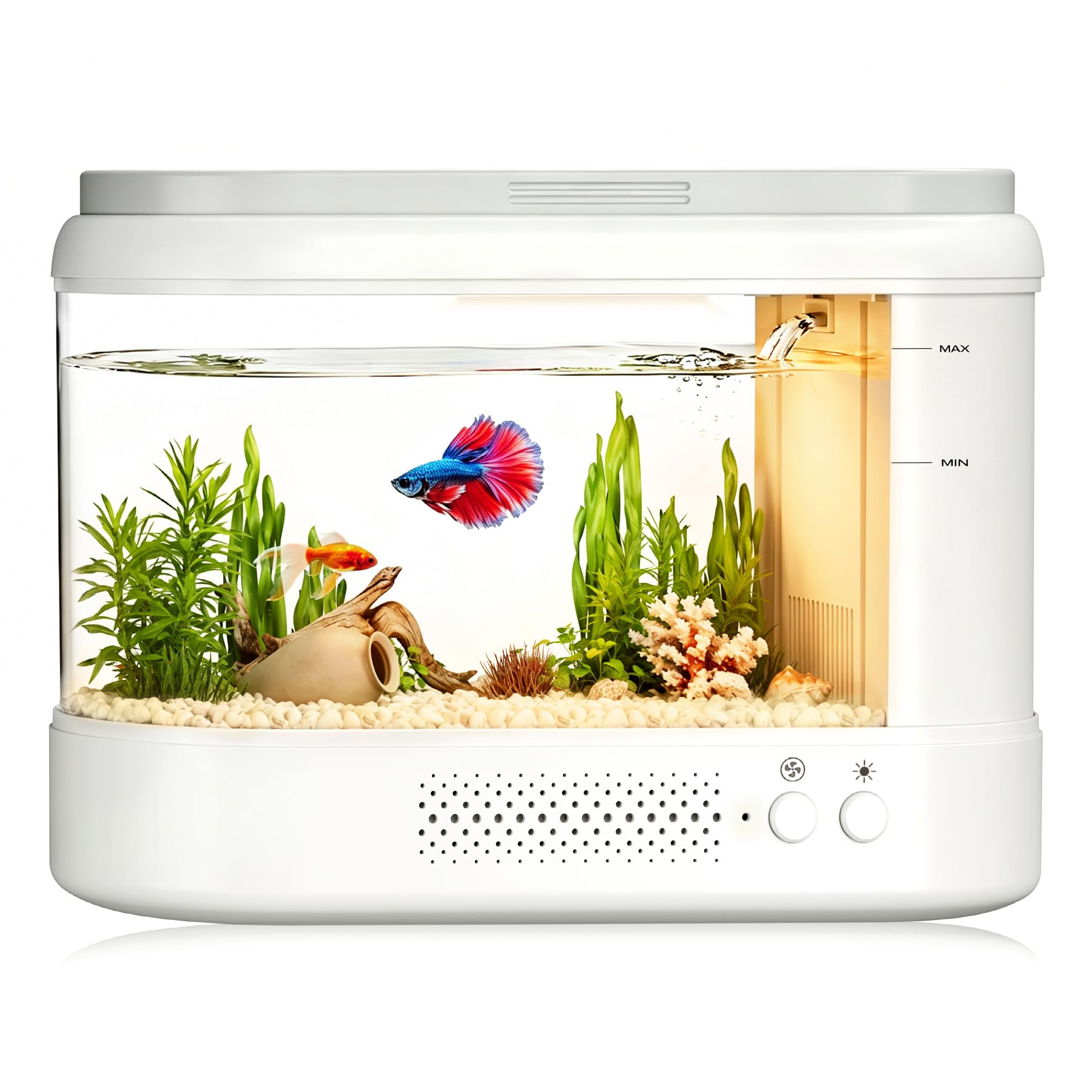 3,7L Acuario Pequeño Kit de Inicio,Blanco Aquario Acrílico con Sistema de Filtrado e Iluminación LED, Pecera Pequeña de Mesa para Peces Betta, Plantas y Gambas