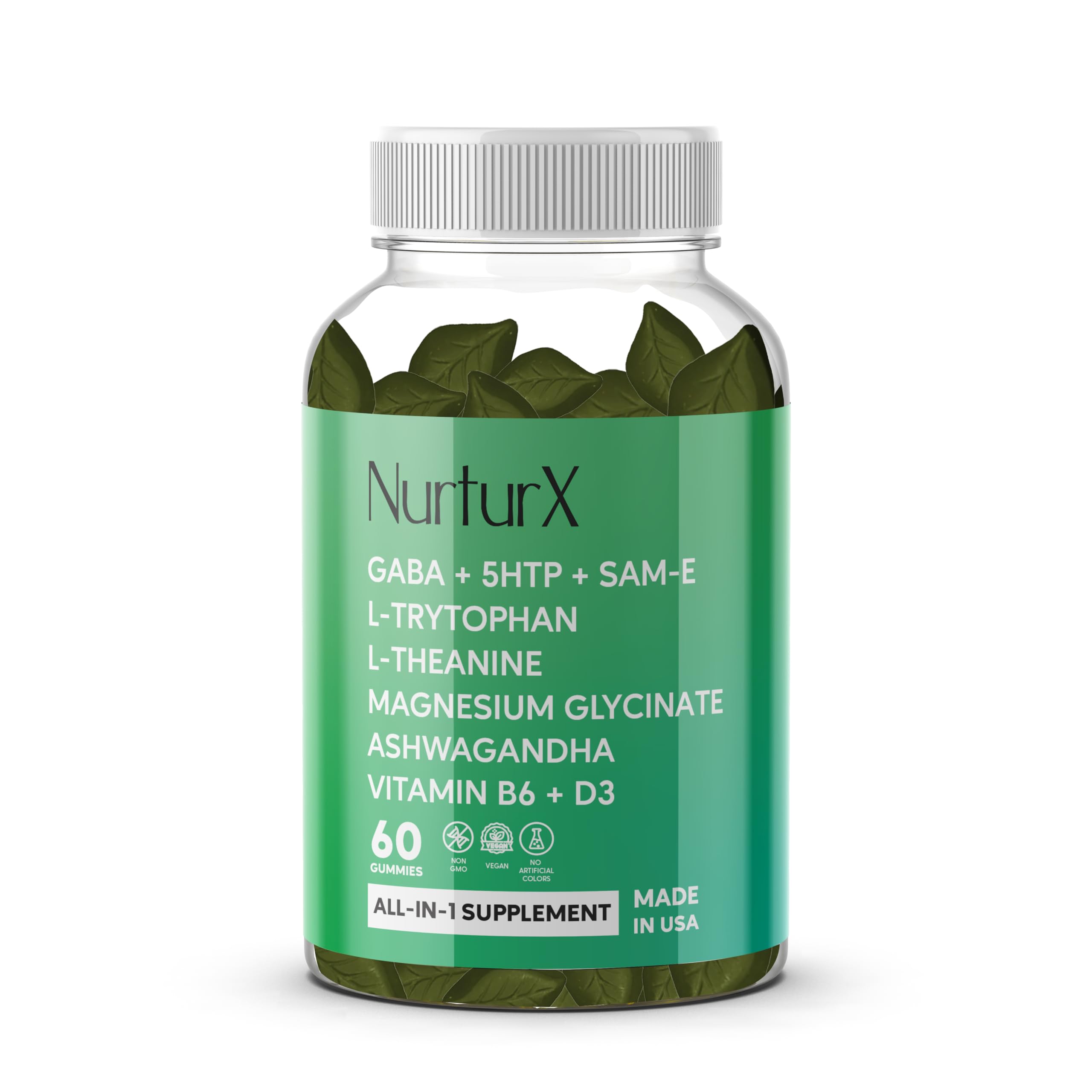 GABA + 5-HTP + SAM-e, L-Tryptophan, L-Theanine, Ashwagandha Gummies, All-in-One Natural Supplement, Made in USA, Vegan, 60 Gummies