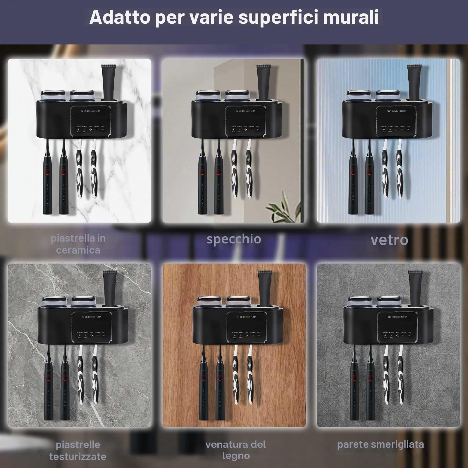 mumisuto Sterilizzatore Portaspazzolino Uv, Porta Spazzolino Uv Sterilizzatore, Porta Spazzolino Da Denti Elettrico Da Parete Per Bagno Con 4 Slot E 2 Tazze Per Bambini E Famiglie