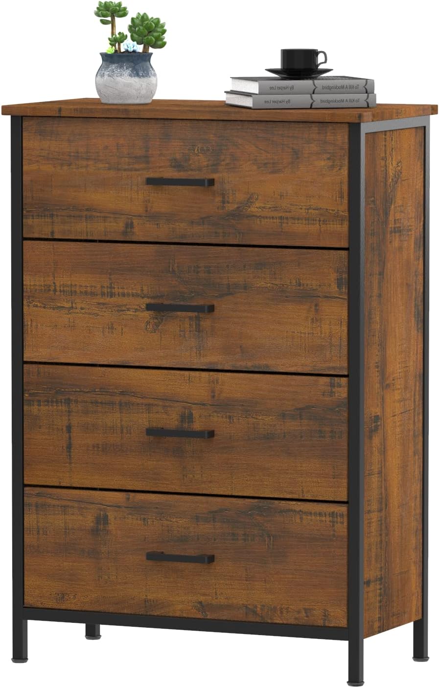 Hasuit 4 Drawer Dresser, Accent Storage Tower Clothes Organizer, Sturdy Steel & Wood Frame, Large Storage Cabinet for Bedroom, Hallway, Entryway (Walnut)