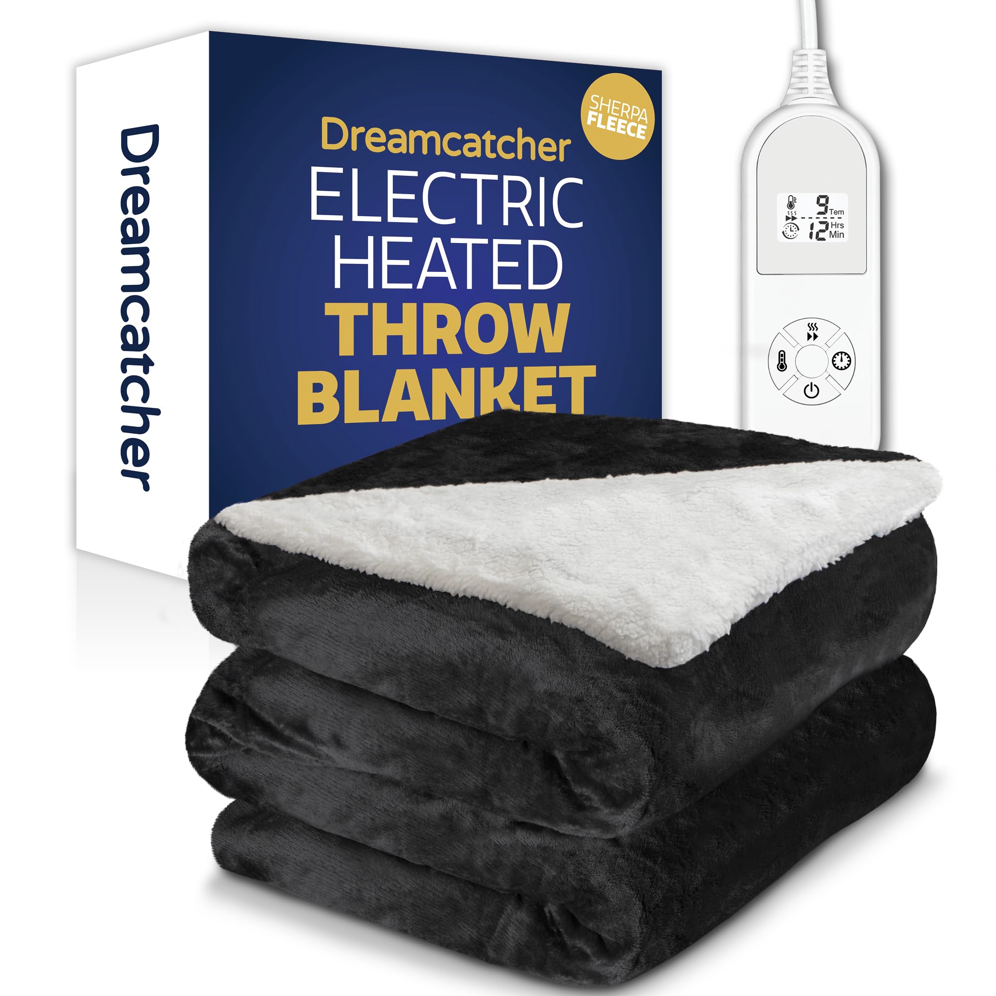 Dreamcatcher Deluxe Electric Heated Throw Blanket - Double Over - Sherpa Micro Fleece - Black - Variable Heat & Timer