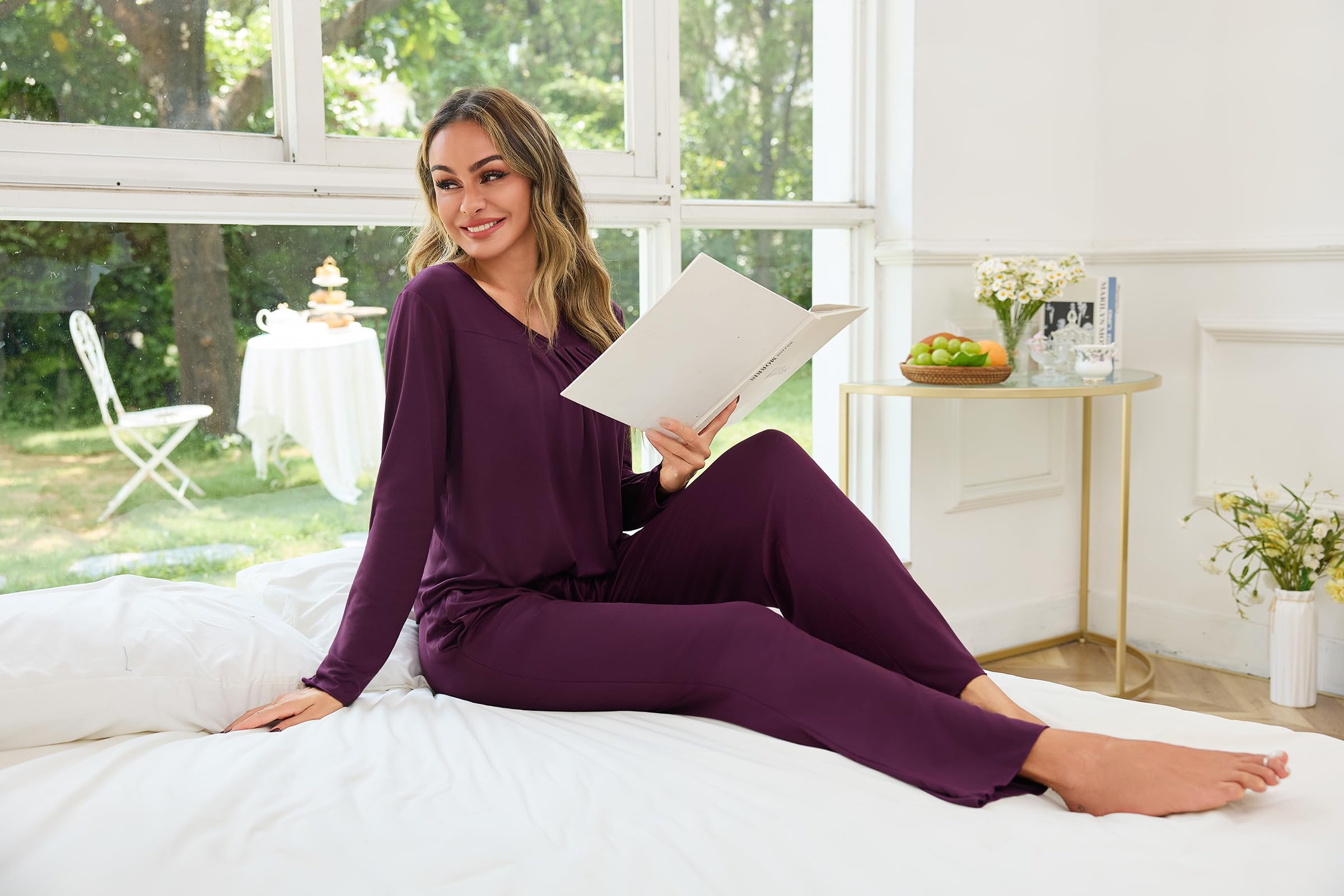 Uniexcosm Pigiama Lungo da Donna in Cotone Invernale Pigiami Due Pezzi da Donna con Tasche