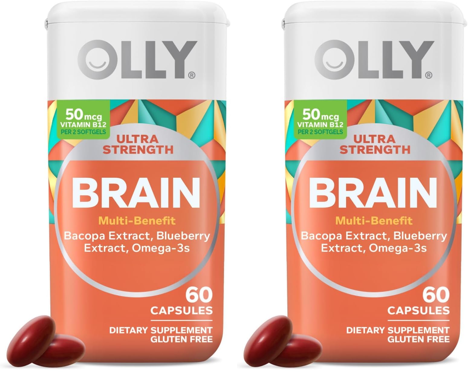OLLY Ultra Strength Brain Softgels, Nootropic, Supports Healthy Brain Function, Memory, Focus and Concentration, Omega-3s, Vitamins B6 and B12, 30 Day Supply - 60 Count (Pack of 2)