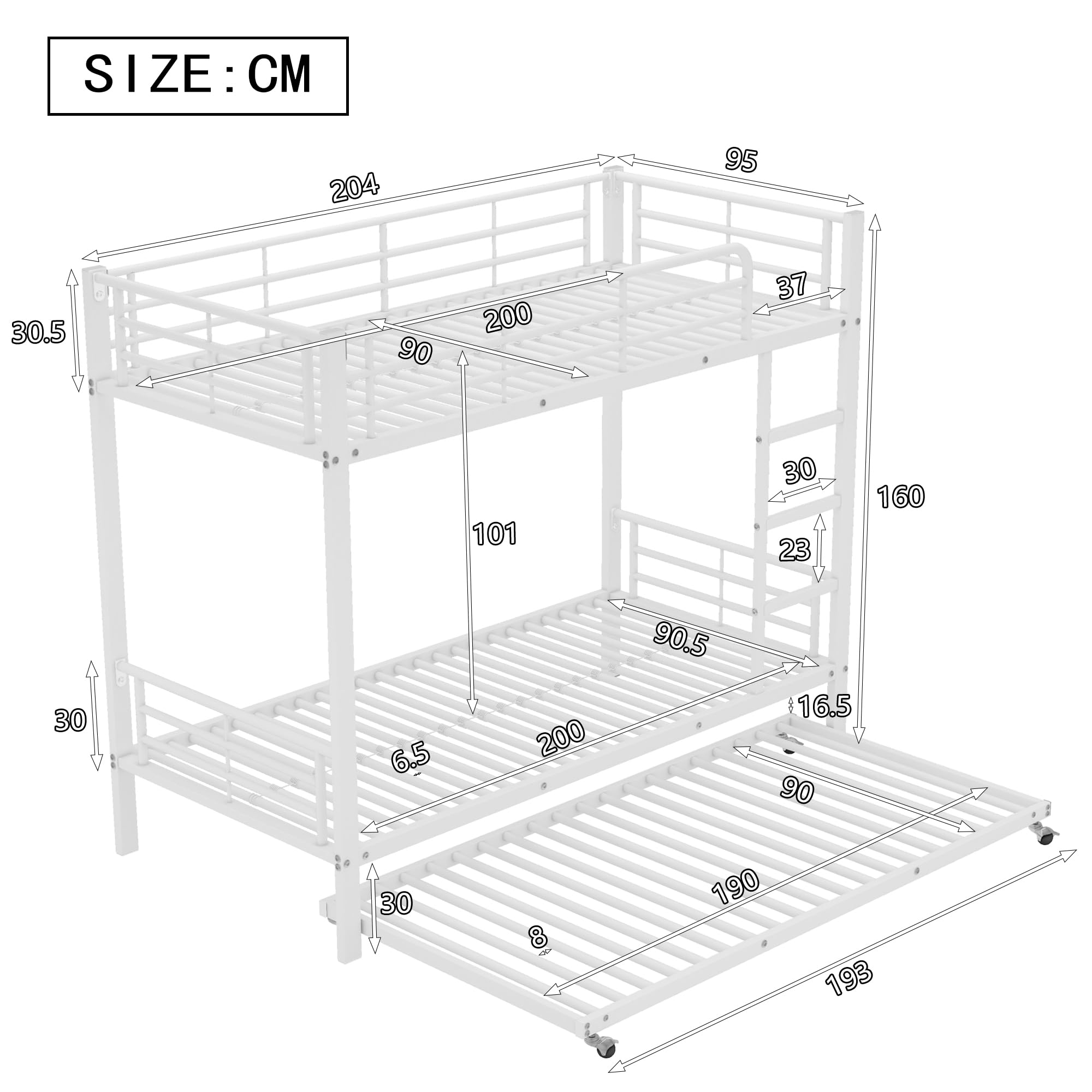 Moimhear Cama de hierro con litera, dimensiones 90x200 cm y 90x190 cm, adecuada para niños y adolescentes, con cama extraíble, cuatro rejillas laterales en la cama superior, blanco