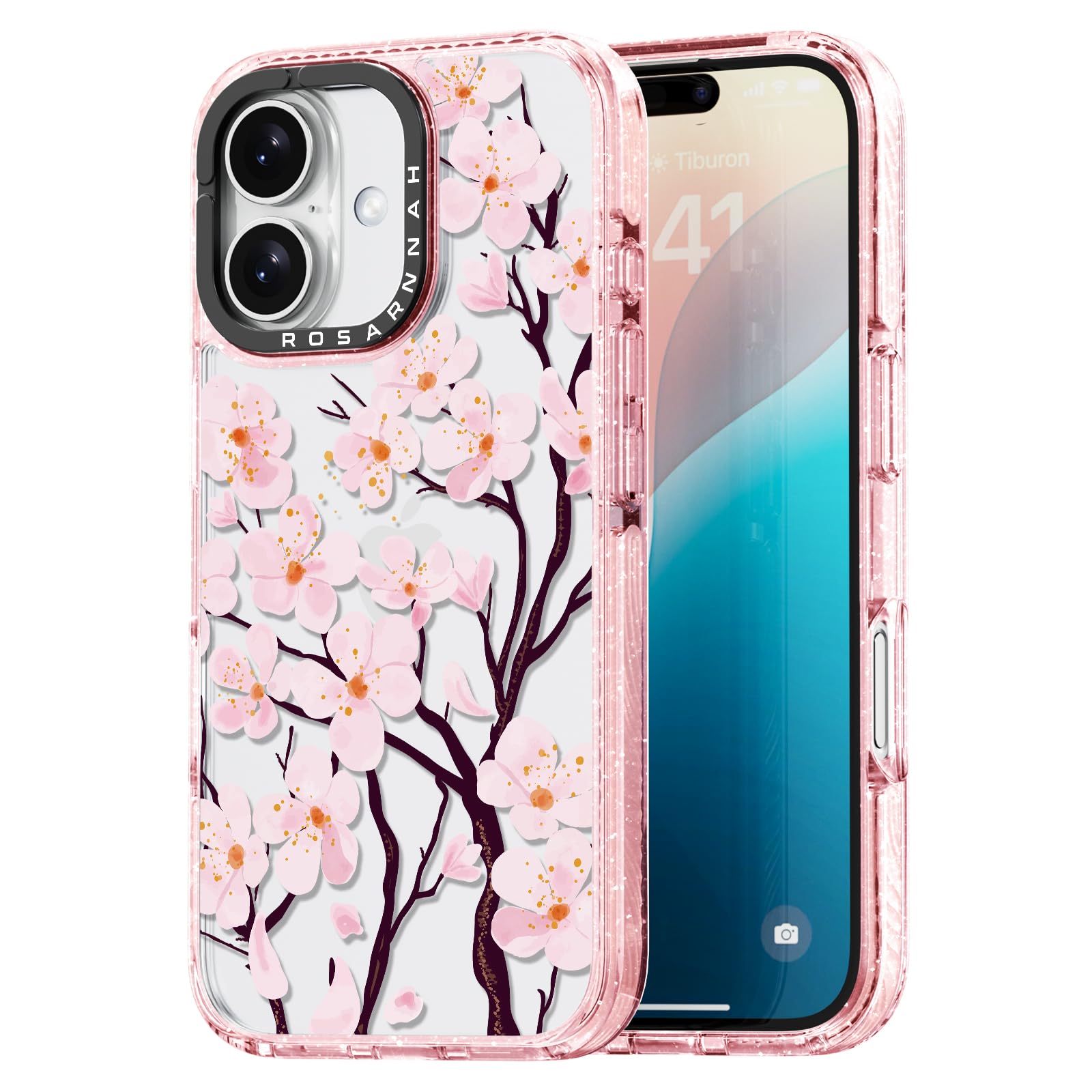 Rosarnnah for iPhone 16 Case Cute - Durable Shockproof 6.6 ft Drop Impact Phone Case - Funny Cherry Blossom Design (6.1") Glitter Pink
