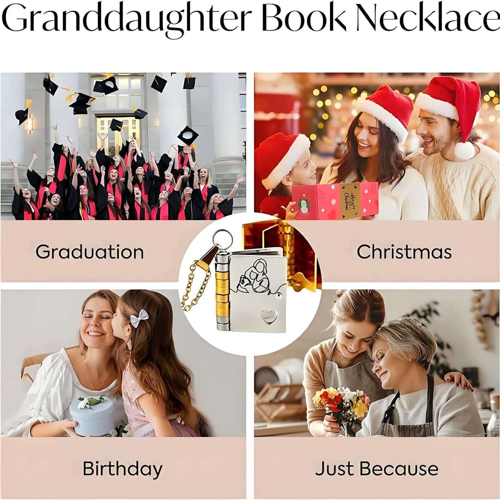 Granddaughter Book Necklace, For Granddaughters - The Most Beautiful Chapter Books Adjustable Silver Gold Book Pendant with 6 Pages Engraved Graduation Jewelry Gifts from Grandma