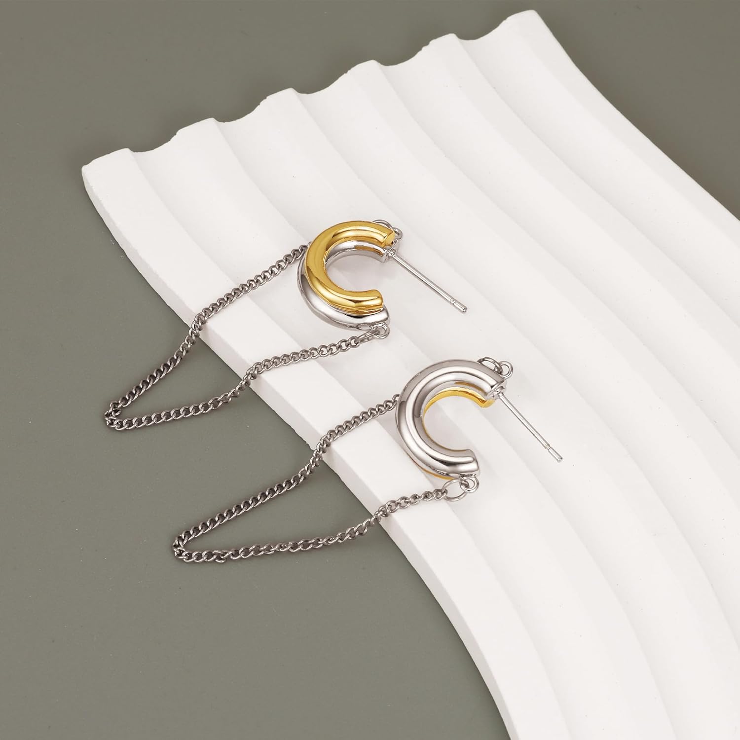 Dr's gift Two Tone Hoop Chain Earrings for Women Mixed Metal Dangle Earrings 14K Gold Plated and Silver Tassel Non Tarnish Trendy Jewelry - Image 5