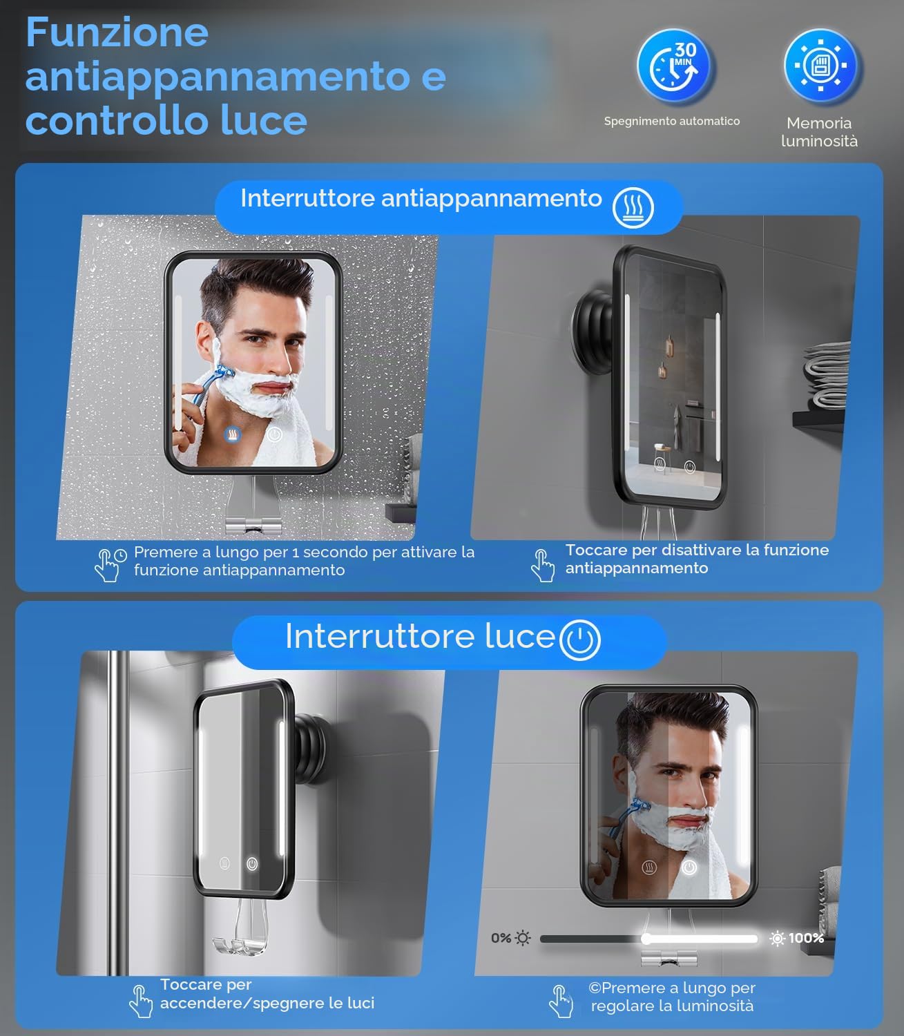 Gospire Specchio da doccia riscaldato, anti-appannamento, per rasatura con luce, batteria ricaricabile da 5000 mAh, ventosa rimovibile e supporto per rasoio da parete, senza foratura, rimovibile