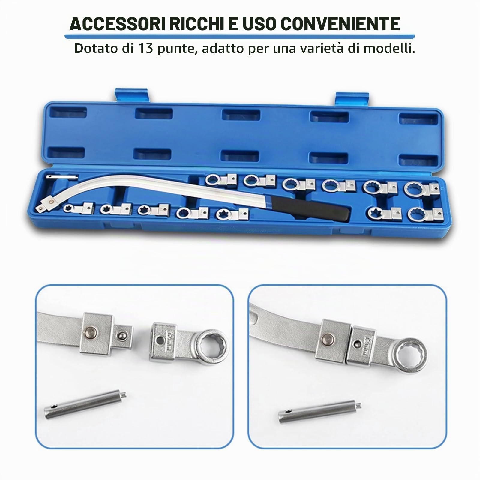 Generico Chiave per Puleggia tendicinghia Extra Lunghe con Adattatori Tendere Cinchia intercambiabili Set 15 Pezzi Strumento Tenditore Ammortizzatore 12-19mm
