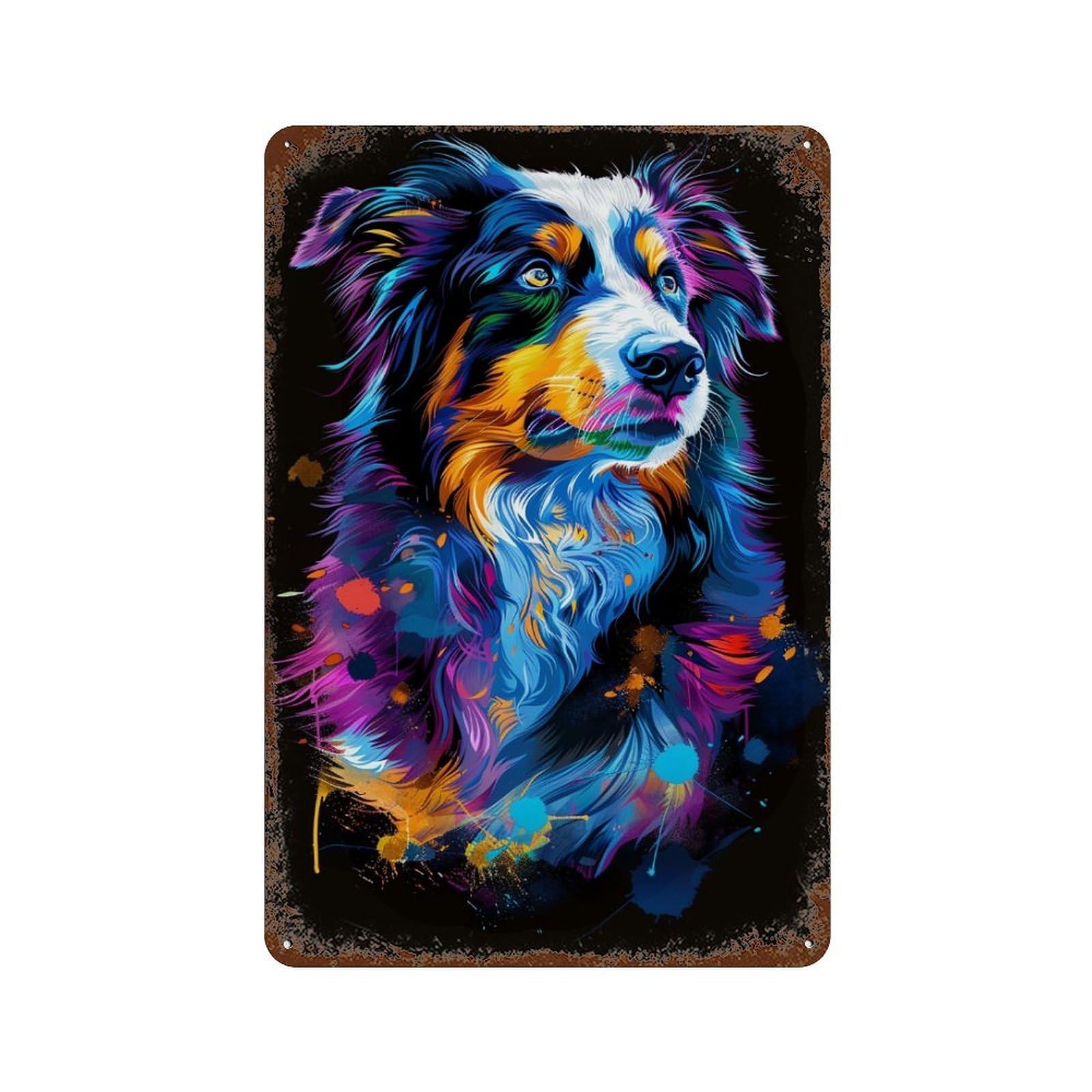 Colorful Australian Shepherd Art Print Aged Metal Wall Plaque 11.8"x7.9", for Shed, Workshop And Garage Wall Decor, Old School Wall Decor