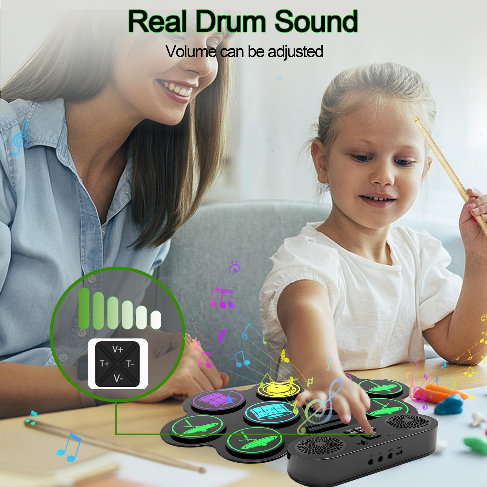 Juego de batería electrónica, 9 almohadillas de práctica MIDI Roll-Up Drum Pad con conector para auriculares integrado de doble altavoz y pedales, gran sorpresa de cumpleaños de Navidad para niños y 6