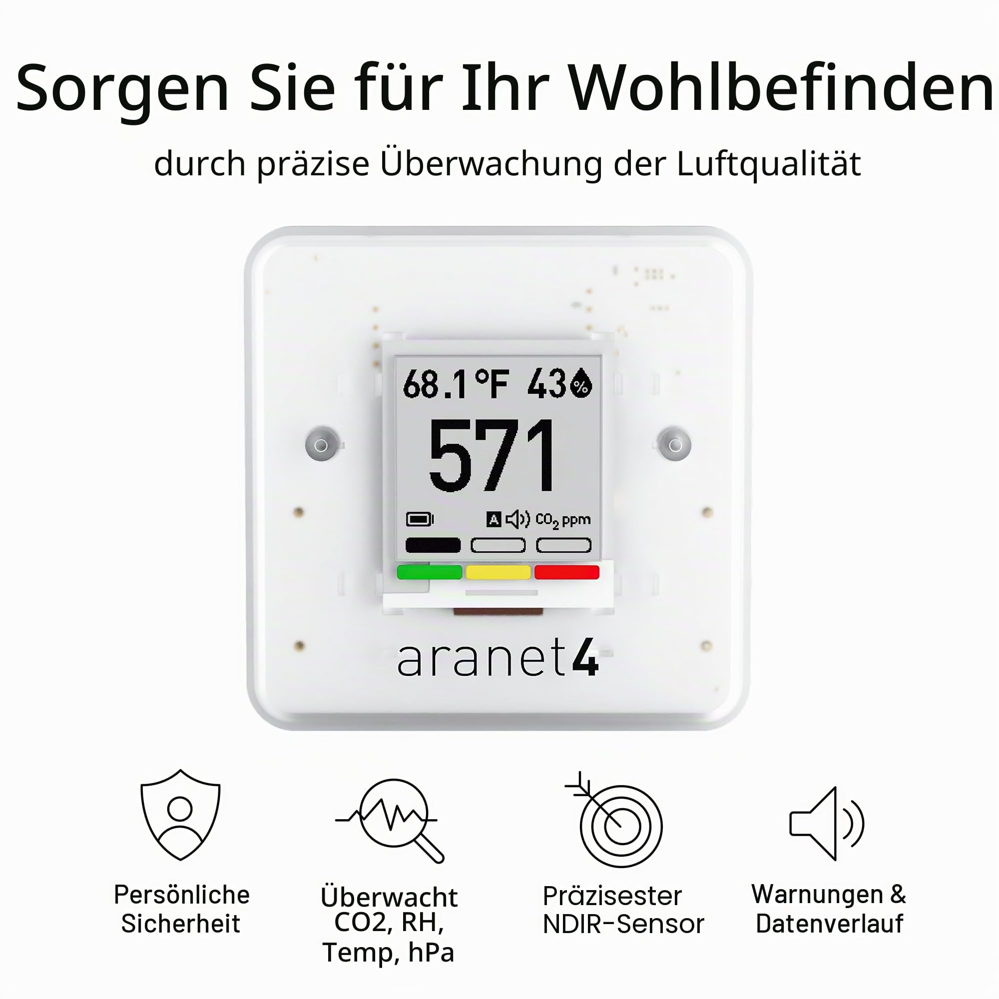 Aranet4 Home Kabelloser Raumluftqualitätssensor CO2 Temperatur Luftfeuchtigkeit tragbar