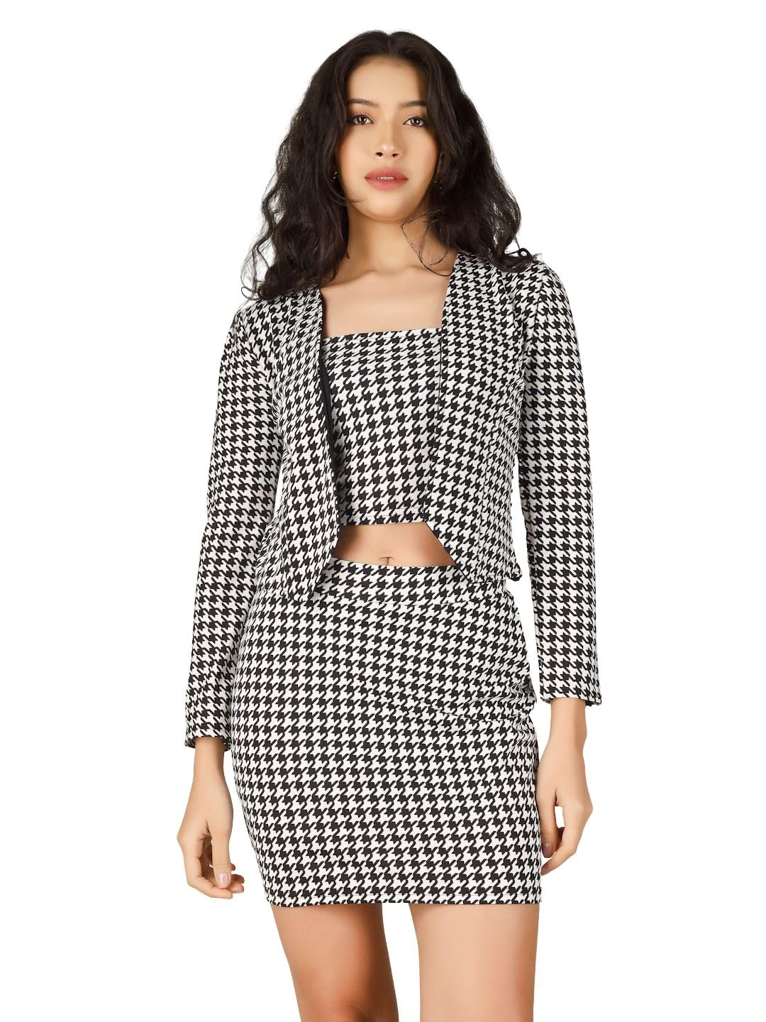 yunic29 Women Black White Houndstooth Printed Three Piece Co-Ord Set with Blazer Skirt Crop-picture-27