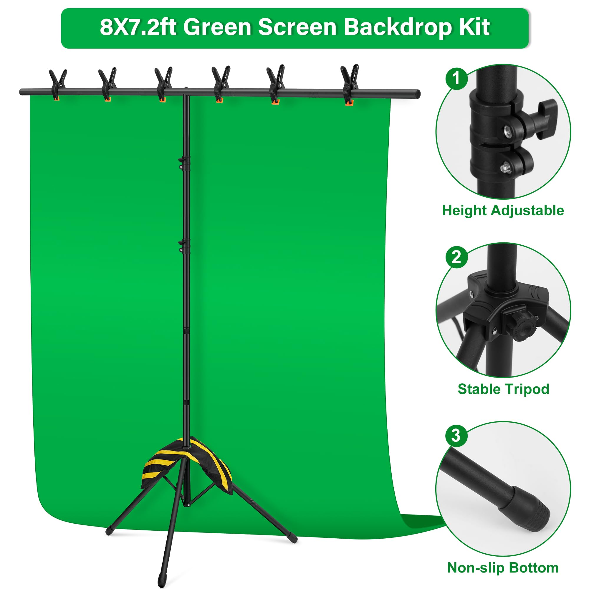Kit de telón de fondo de pantalla verde de 8 x 7 m, fondo de pantalla verde portátil con soporte, soporte de fondo ajustable en forma de T para fotografía, transmisión, video, estudio, fiesta, zoom