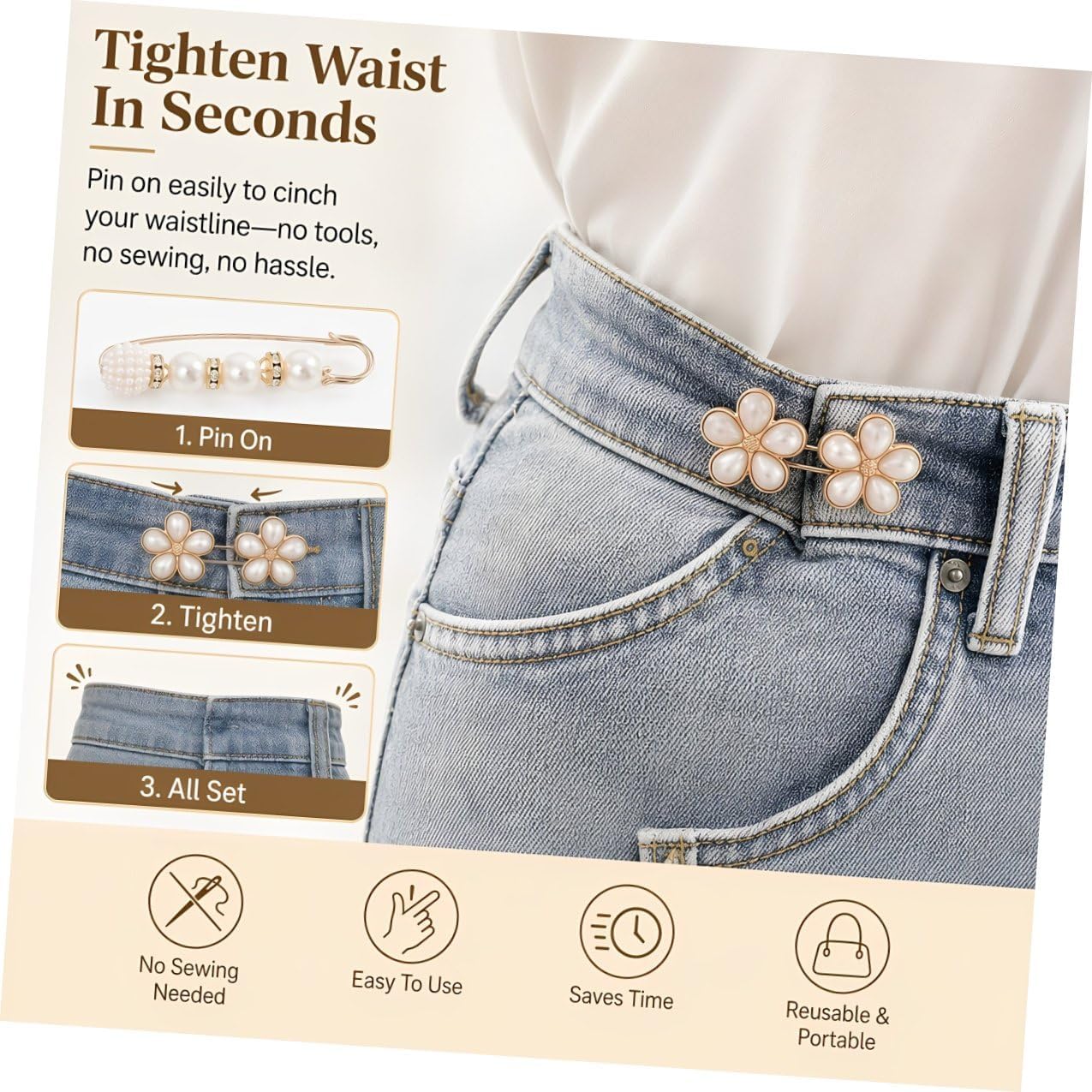 8pcs Pant Waist Tightener Pins Pearl Flower Style Alloy No Sew Clip image 3