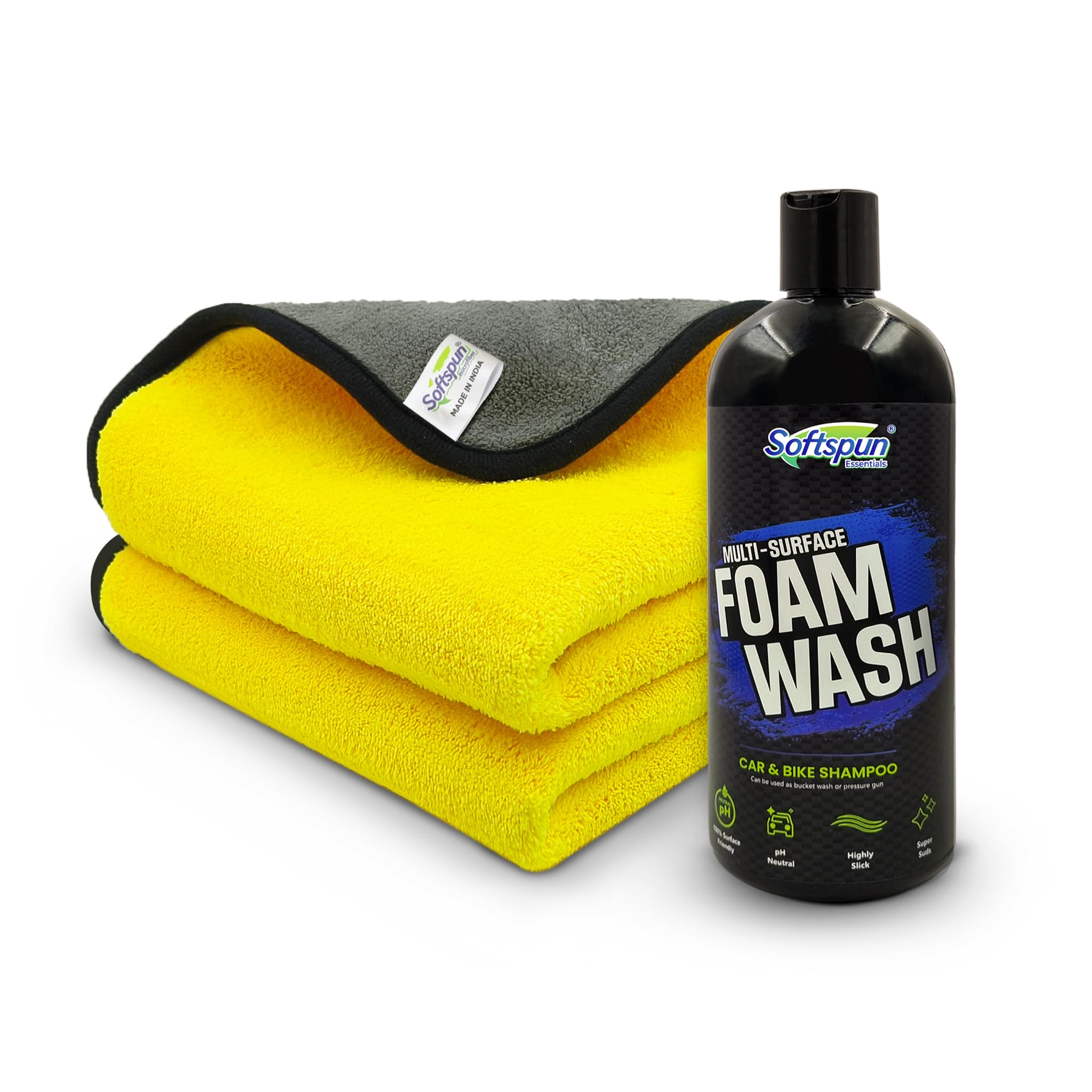 SOFTSPUN Microfiber 900gsm 2pcs 40x40cm Yellow+Grey + 500mL Car & Bike Premium Liquid Shampoo Combo | Extra Suds, Removes Tough Dirt & Grime | pH Neutral | Works with Bucket & Foam Cannon-image-24