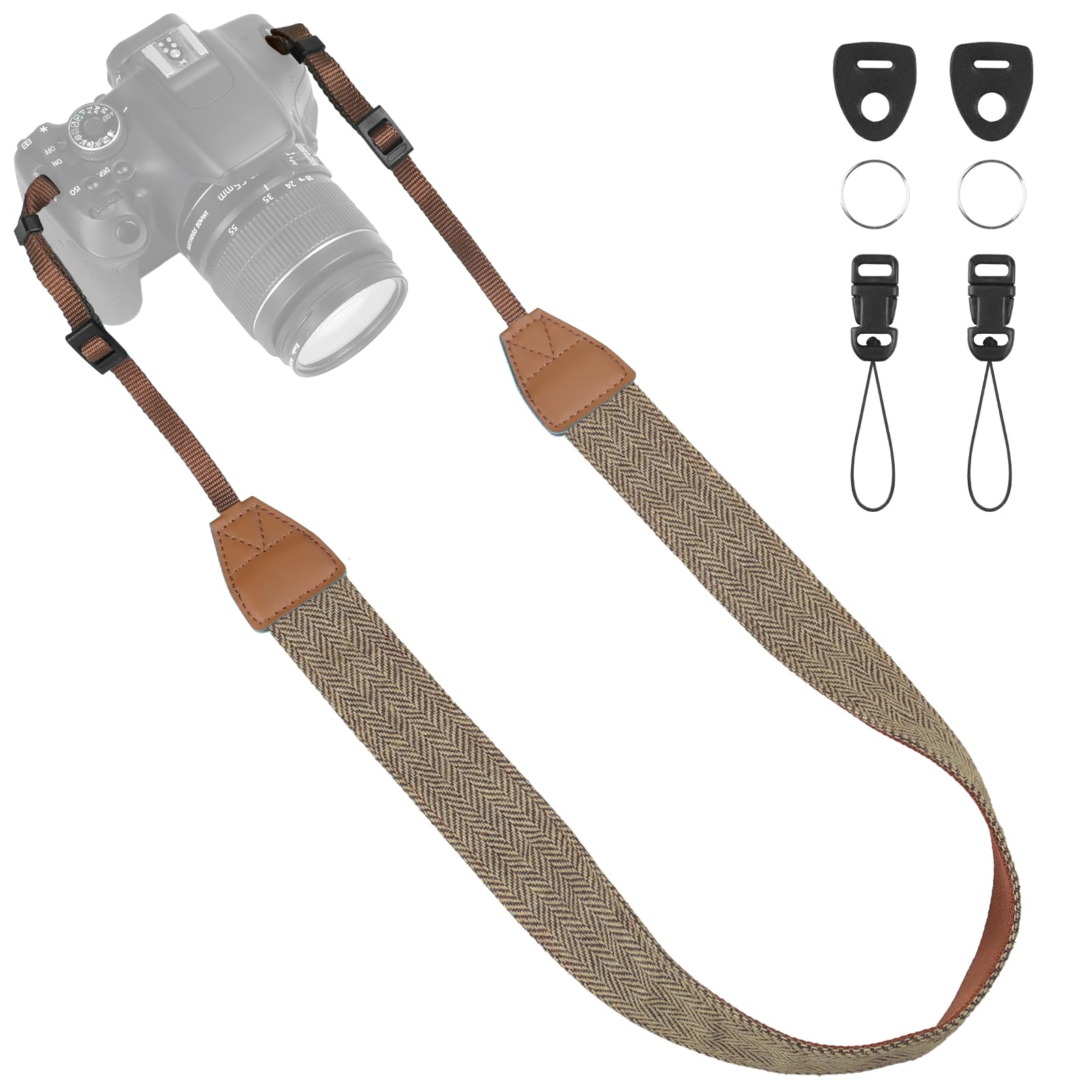 Universal Camera Strap - Camera Neck Strap, Adjustable Shoulder Straps Compatible with Canon, Fujifilm, Nikon, Olympus, Panasonic and other SLR and mirrorless cameras - Khaki and Black Stripes